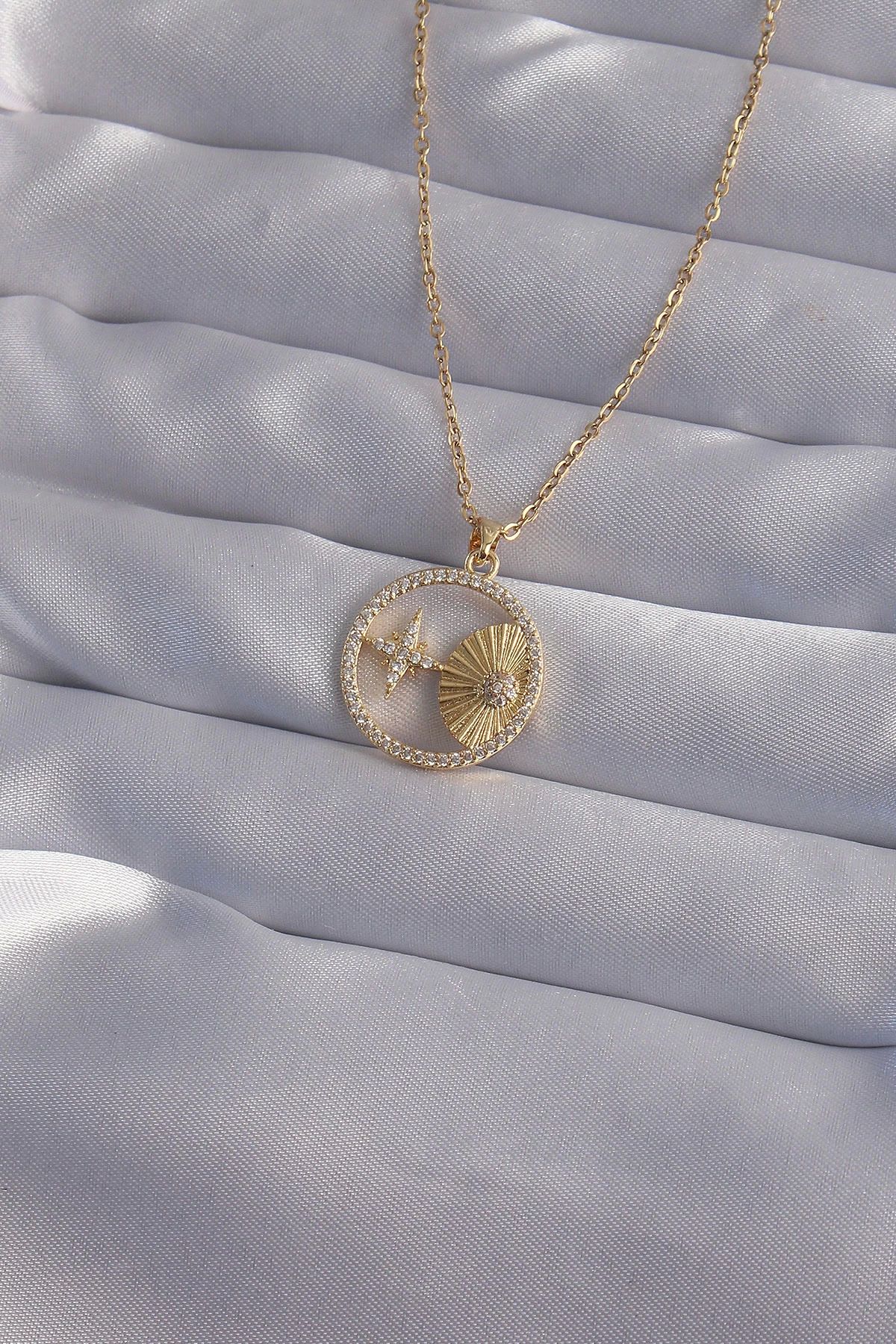 Ekince 316L Çelik Zincir Gold Renk Zirkon Taşlı Yıldız Figürlü Oval Kolye