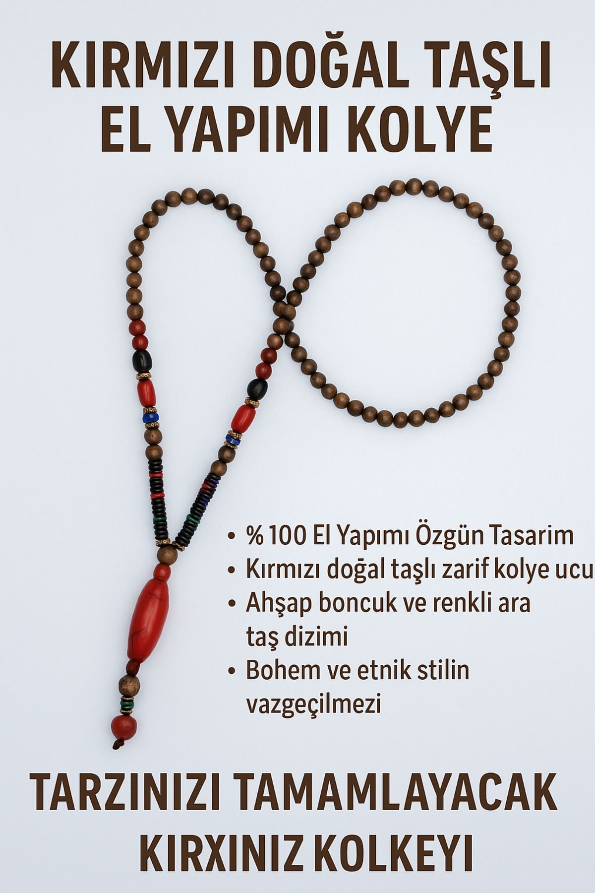 Enjoy Kırmızı Doğal Taşlı El Yapımı Kolye Etnik Tasarım Ahşap Boncuklu