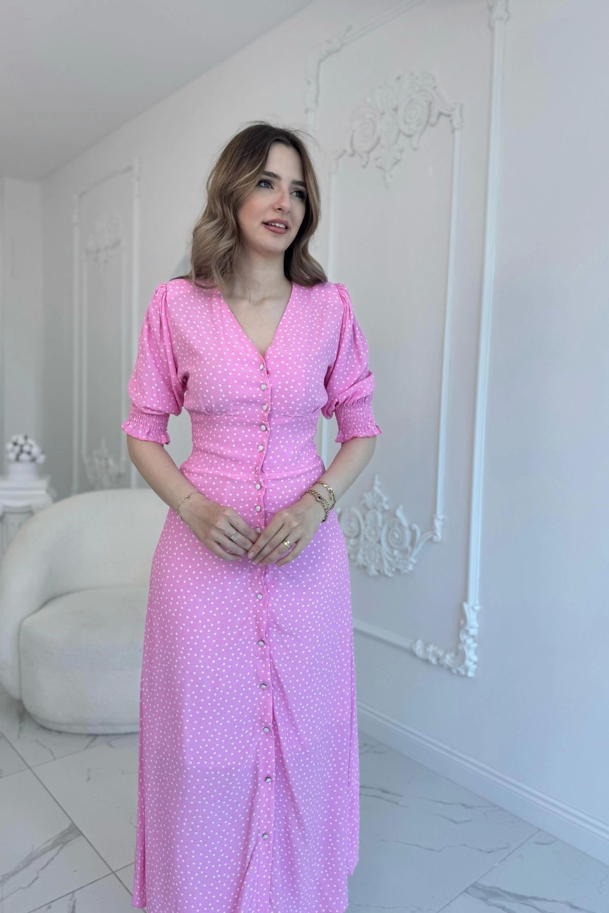 HELİS BUTİK Pembe Bel ve Kol Ucu Gipeli Elbise
