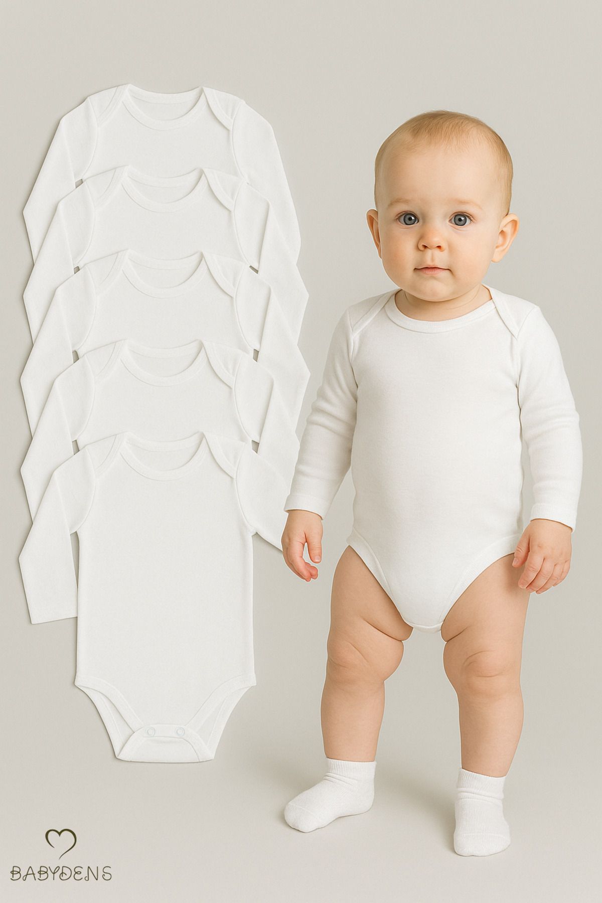 BABYDEN'S 5’li Set Uzun Kollu Bebek Zıbın | Beyaz %100 Pamuk Çıtçıtlı Body | Unisex 0-24 Ay İç Giyim
