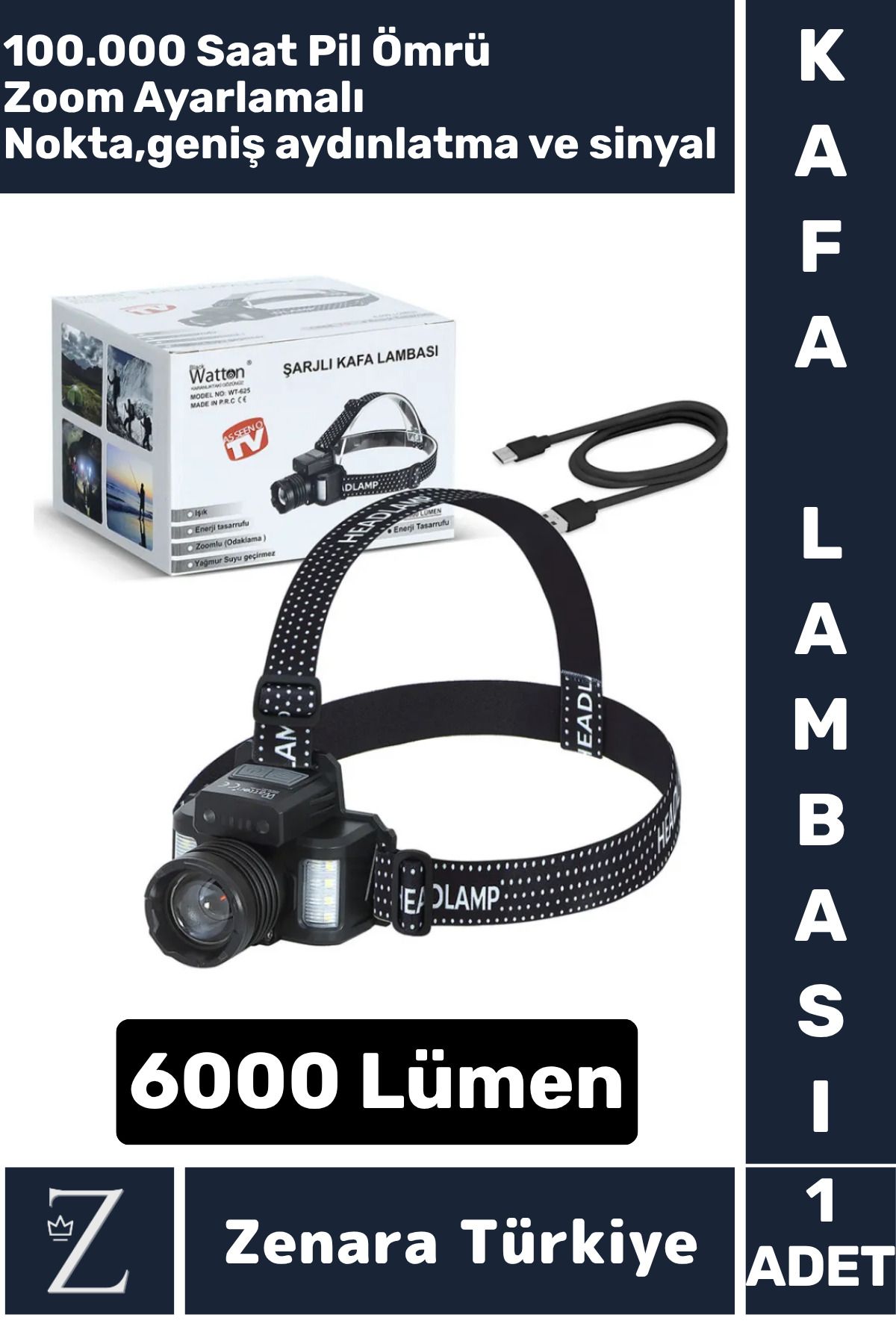 Zenara Premium Kamp Avcı Balıkçı Deprem 6000 Lümen Güçlü Işık Zoomlu Kafa Lambası