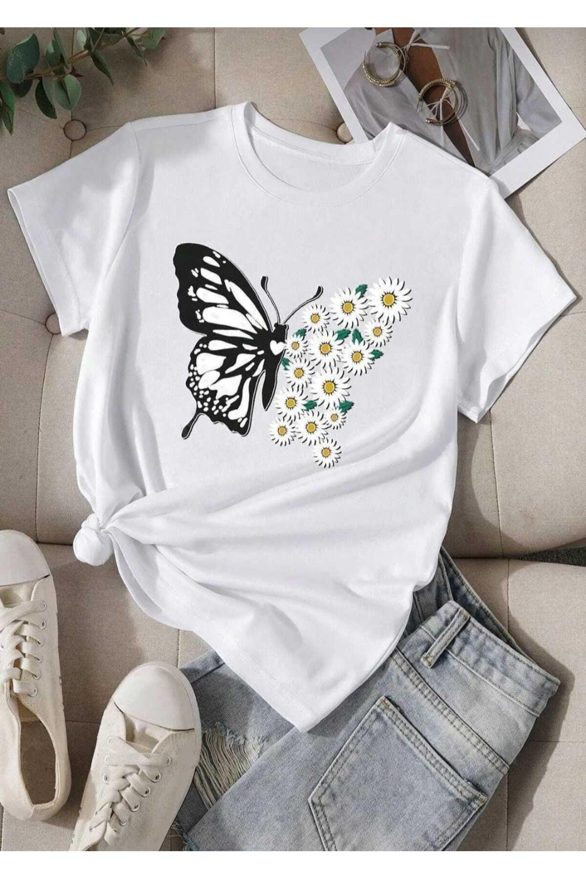Lario pamuklu Papatya kelebk Tshirt
