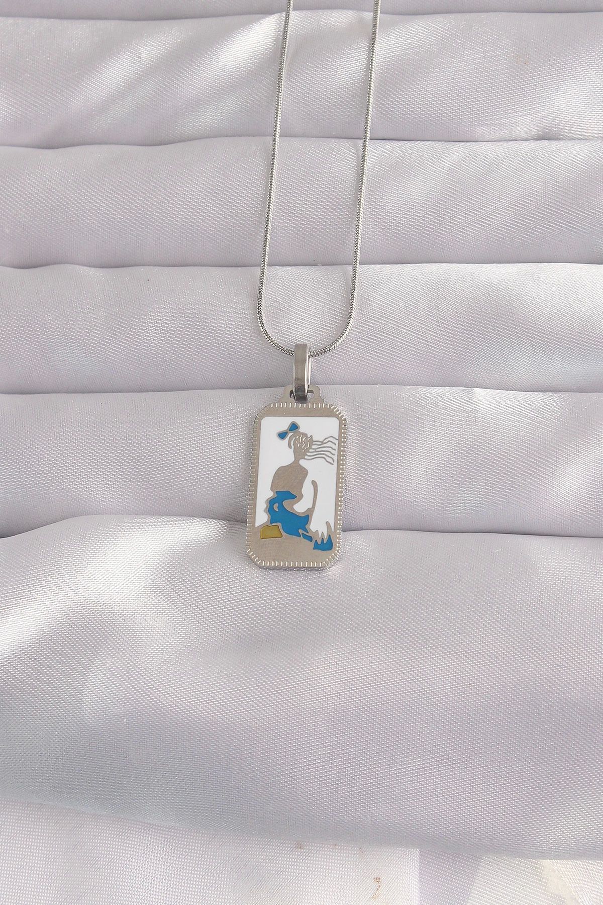 Ekince 316L Çelik Gümüş Renk Beyaz Mineli Kız Figür Tarot Kolye