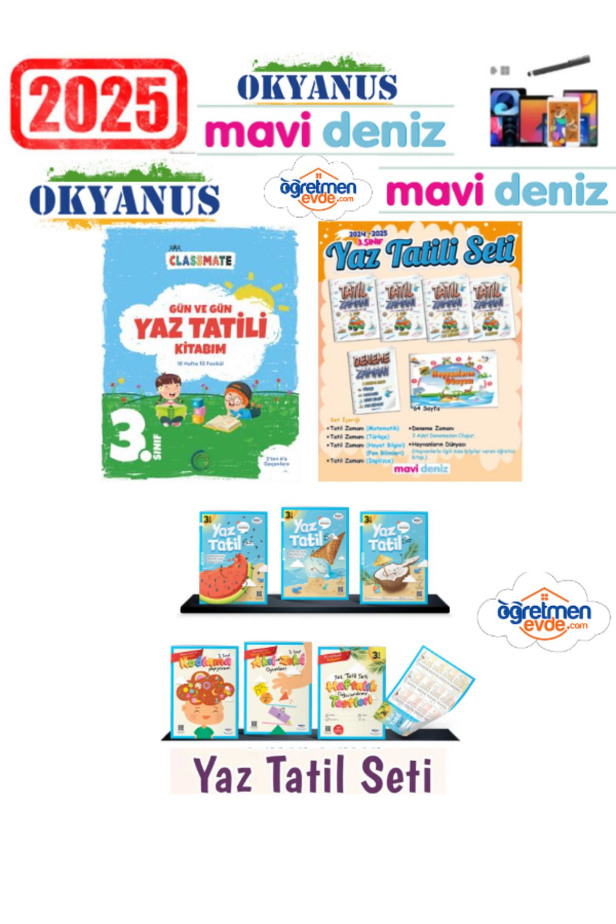 Okyanus Yayıncılık Clasmate 2025 3.Sınıf Yaz Tatil+Mavi Deniz 3.Sınıf +Öğretmen Evde 3.Sınıf Yaz Tatil Seti+Kalem