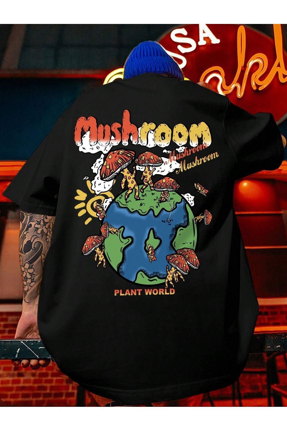 Hunors Sportswear & Company Mushroom World T-Shirt - Siyah Baskılı Oversize Bisiklet Yaka Kısa Kol