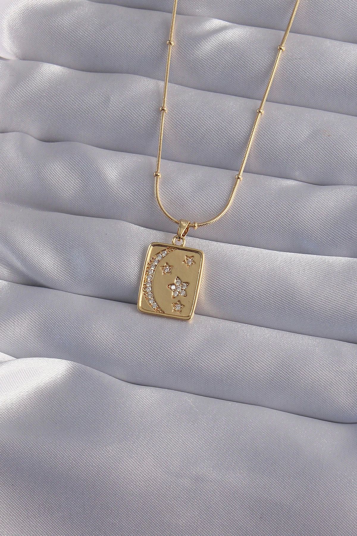 Ekince 316L Çelik Zincir Gold Renk Zirkon Taşlı Ay Yıldız Figürlü Tarot Kolye