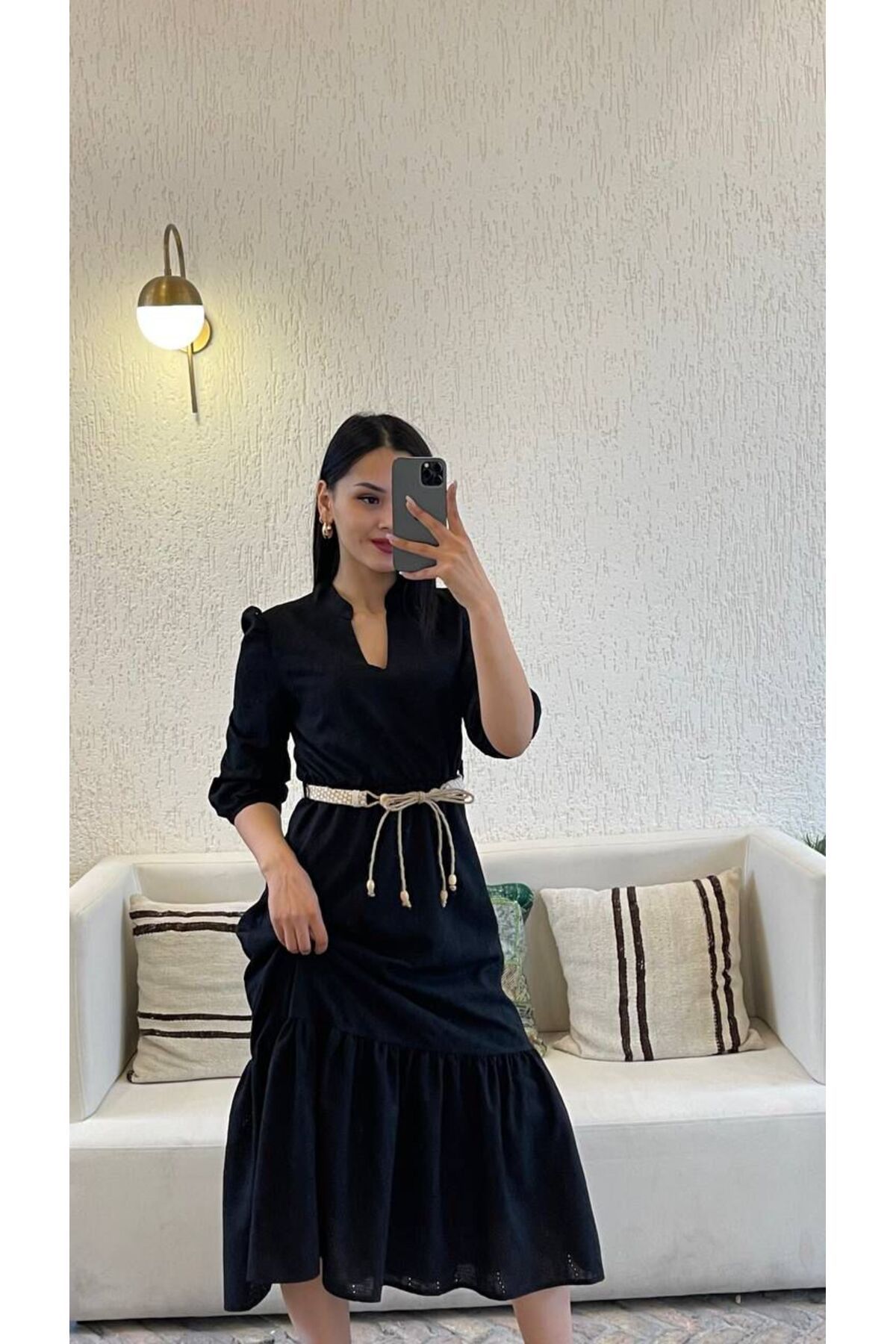 Nida Boutique Hakim Yaka Yarım Kol Astarlı Hasır Kemerli Fisto Elbise