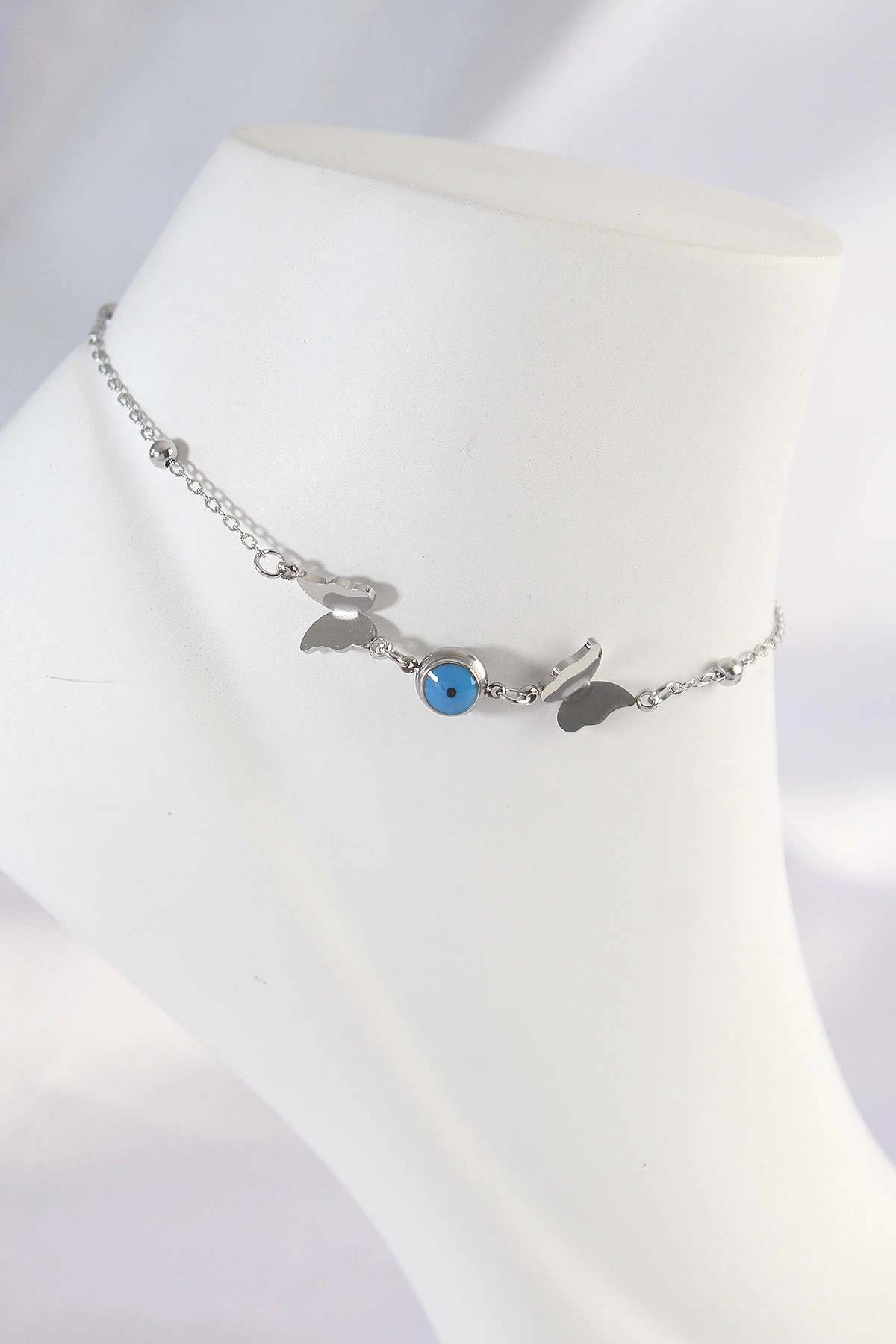 Ekince 316L Çelik Gümüş Renk Nazar Boncuk Detay Kelebek Halhal