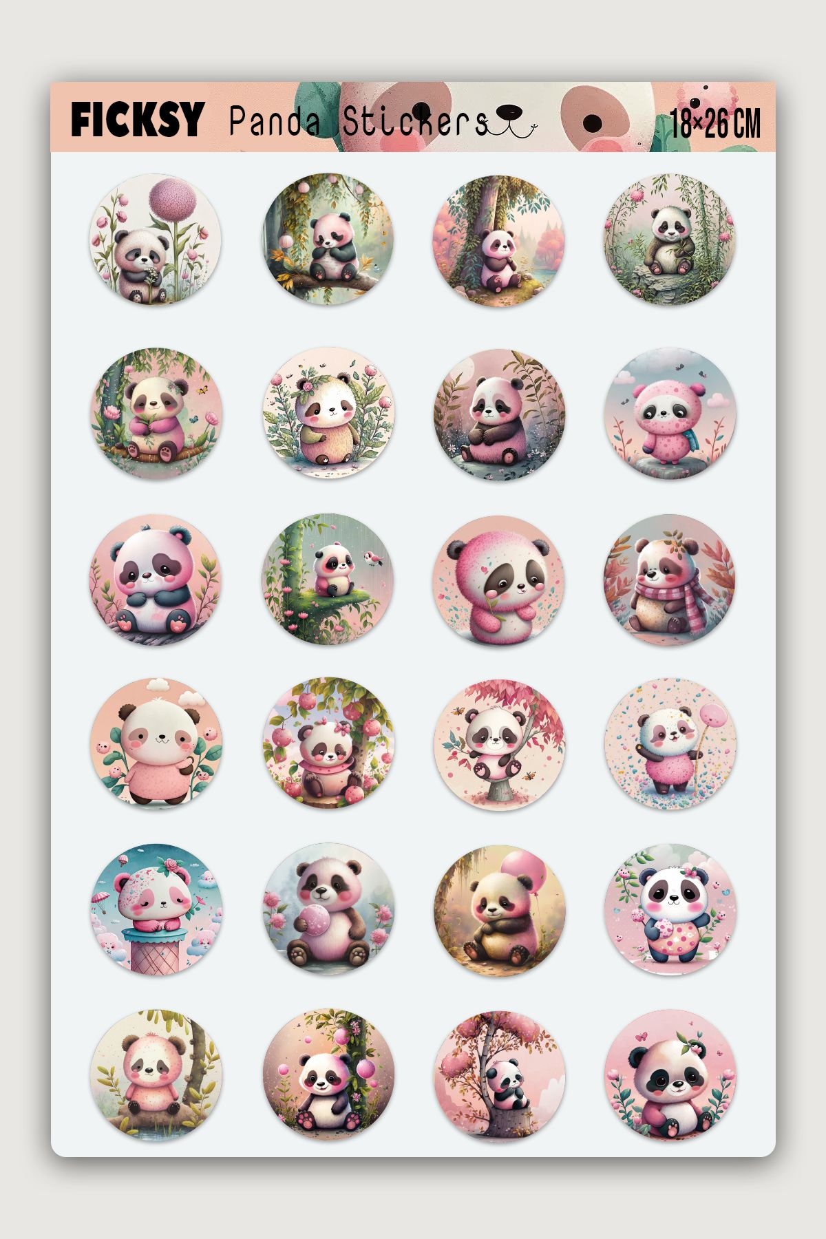 Ficksy Sevimli Panda Sticker Seti - 24 Adet Yuvarlak Etiket Çıkartma