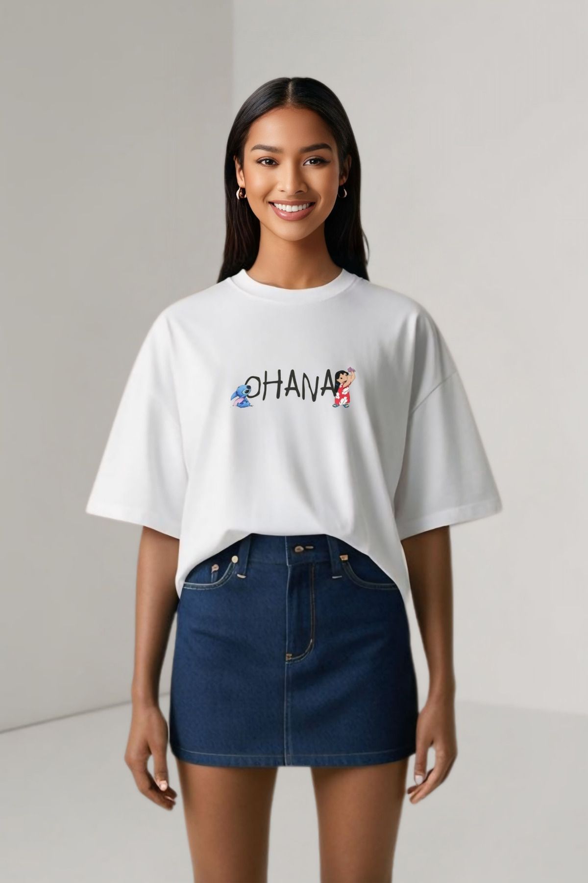 Butik Lilo & Stitch Ohana Vibes Tasarım Baskılı Pamuklu Oversize Tişört