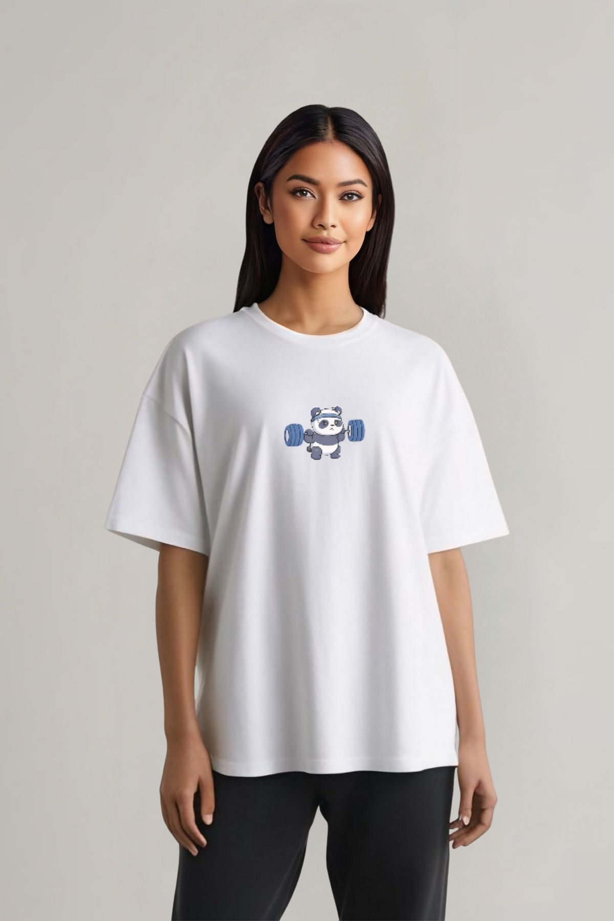 Butik Panda Gym Time Tasarım Baskılı Pamuklu Oversize T-shirt