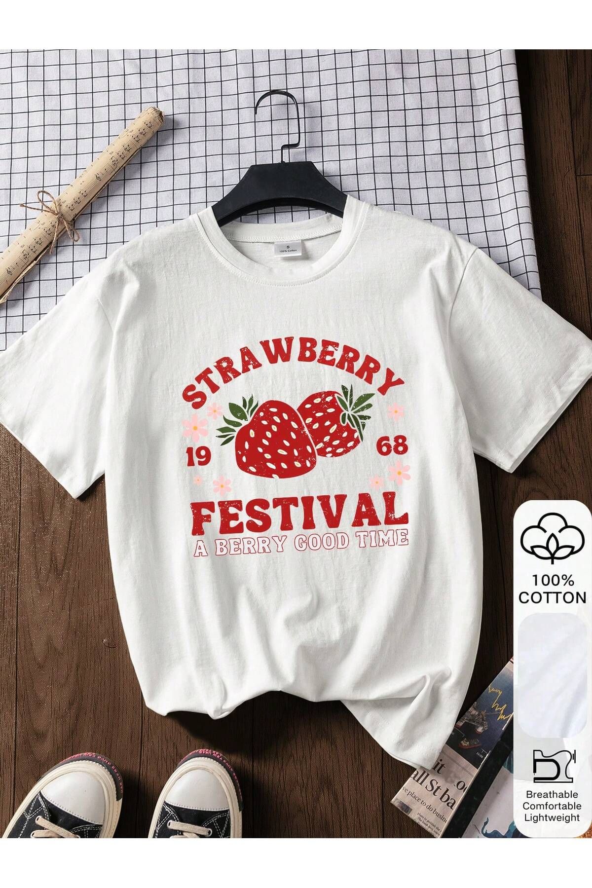 KEALVİ Strawberry Festival Tişört - Beyaz Baskılı Oversize T-Shirt Bisiklet Yaka