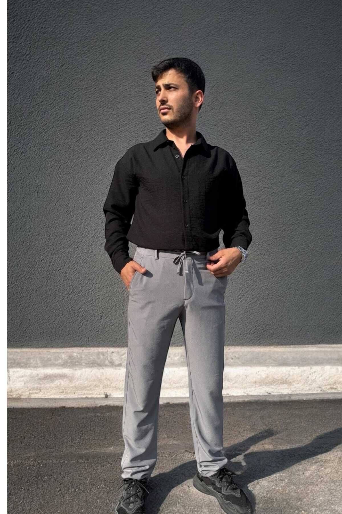 thesunfyre ERKEK Yandan Cepli Beli Lastikli Bağcıklı Rahat Kalıp Kumaş Relaxed Pantolon