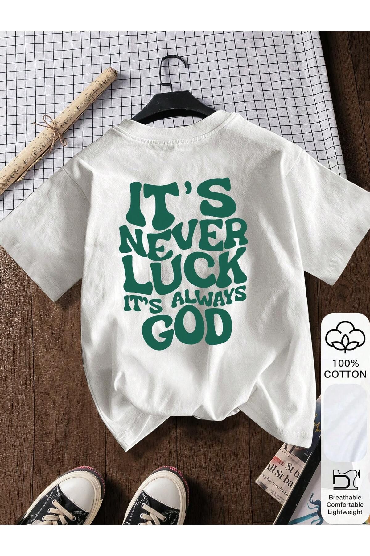 KEALVİ It's Never Luck Tişört - Beyaz Baskılı Oversize T-Shirt Bisiklet Yaka