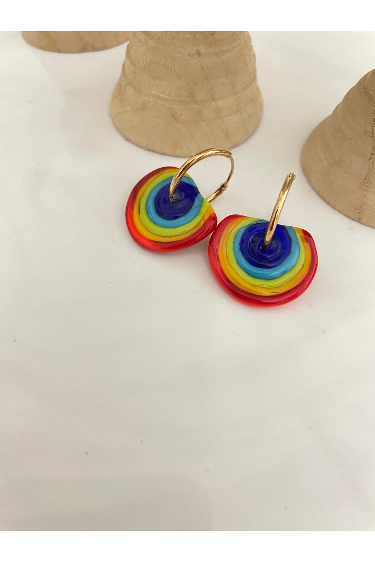 takıcım design Çelik Halka Gökkuşağı Cam Murano Küpe