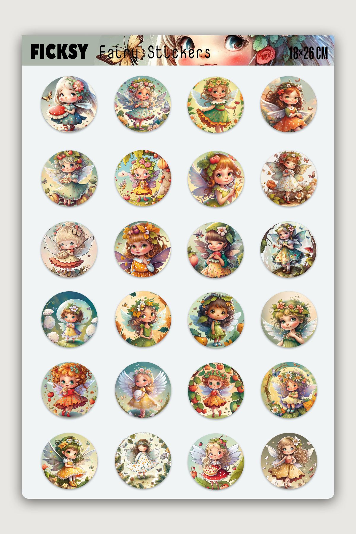 Ficksy Sevimli Peri Sticker Seti - 24 Adet Yuvarlak Etiket Çıkartma