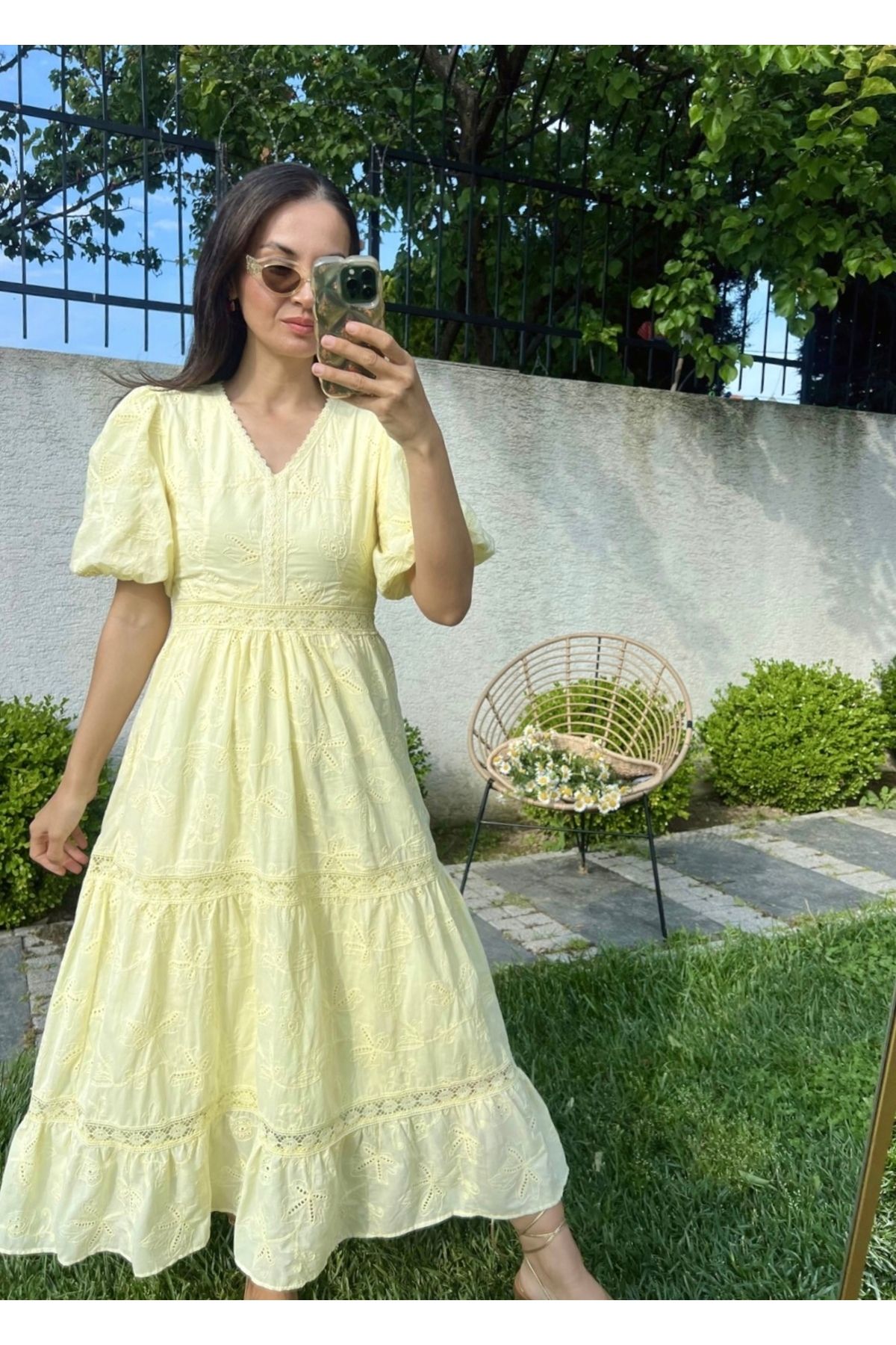 Afiş Butik Sarı Fisto Balon Kol Brode Midi Elbise