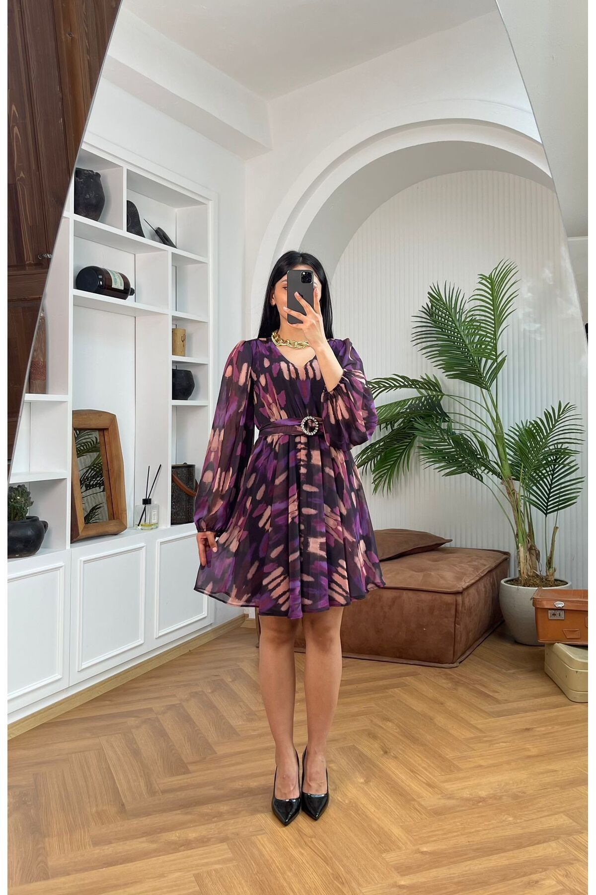 Nida Boutique Uzun Kol Astarlı V Yaka Kuşaklı Beli Lastikli Şifon Elbise
