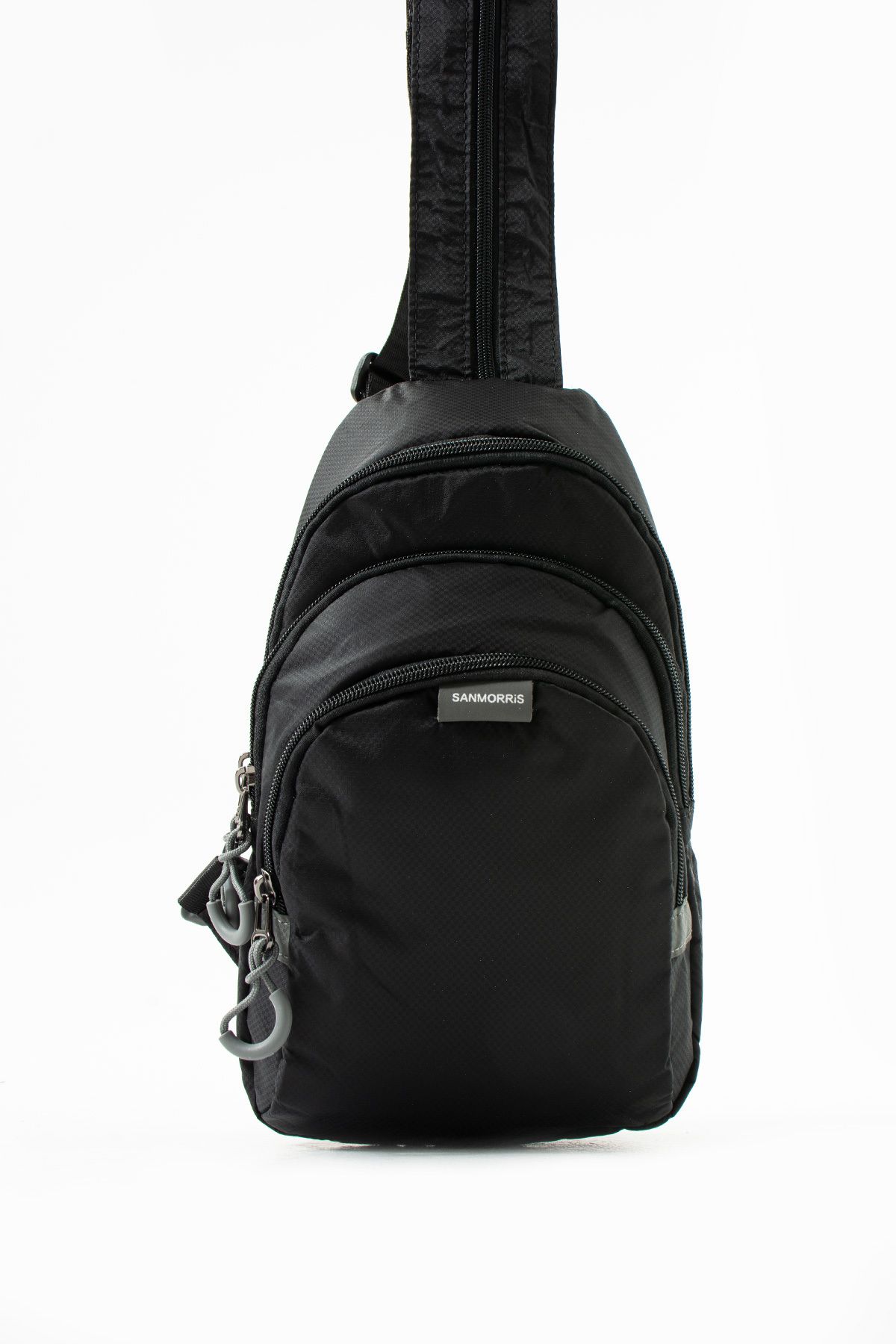 Sanmorris 6005 Unisex Paraşüt Kumaş Suya Dayanıklı 3 Bölmeli Çapraz ve Sırtlık Askılı Body Bag Siyah