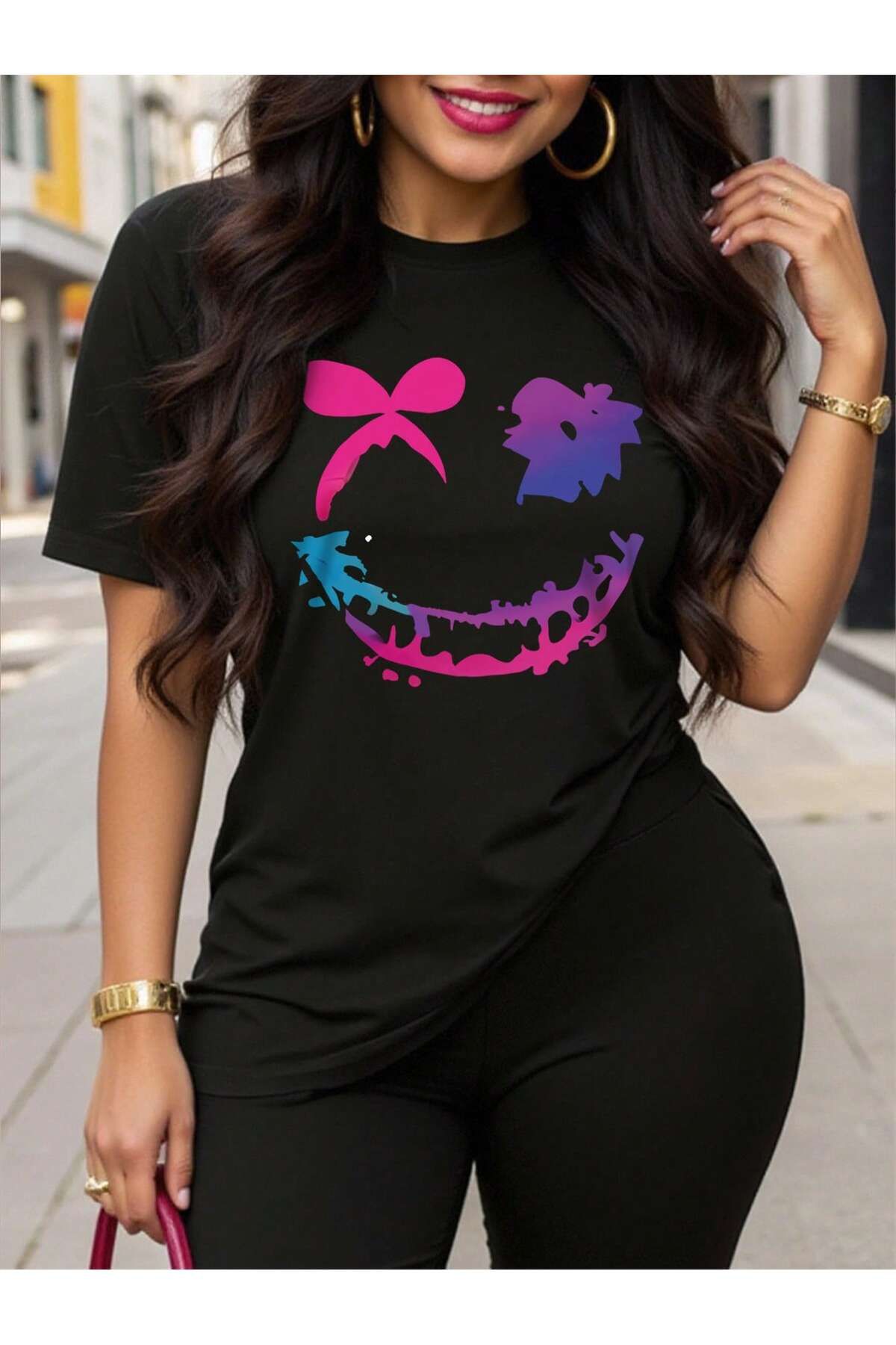KEALVİ Renkli Gülücük Tişört - Siyah Baskılı Oversize T-Shirt Bisiklet Yaka