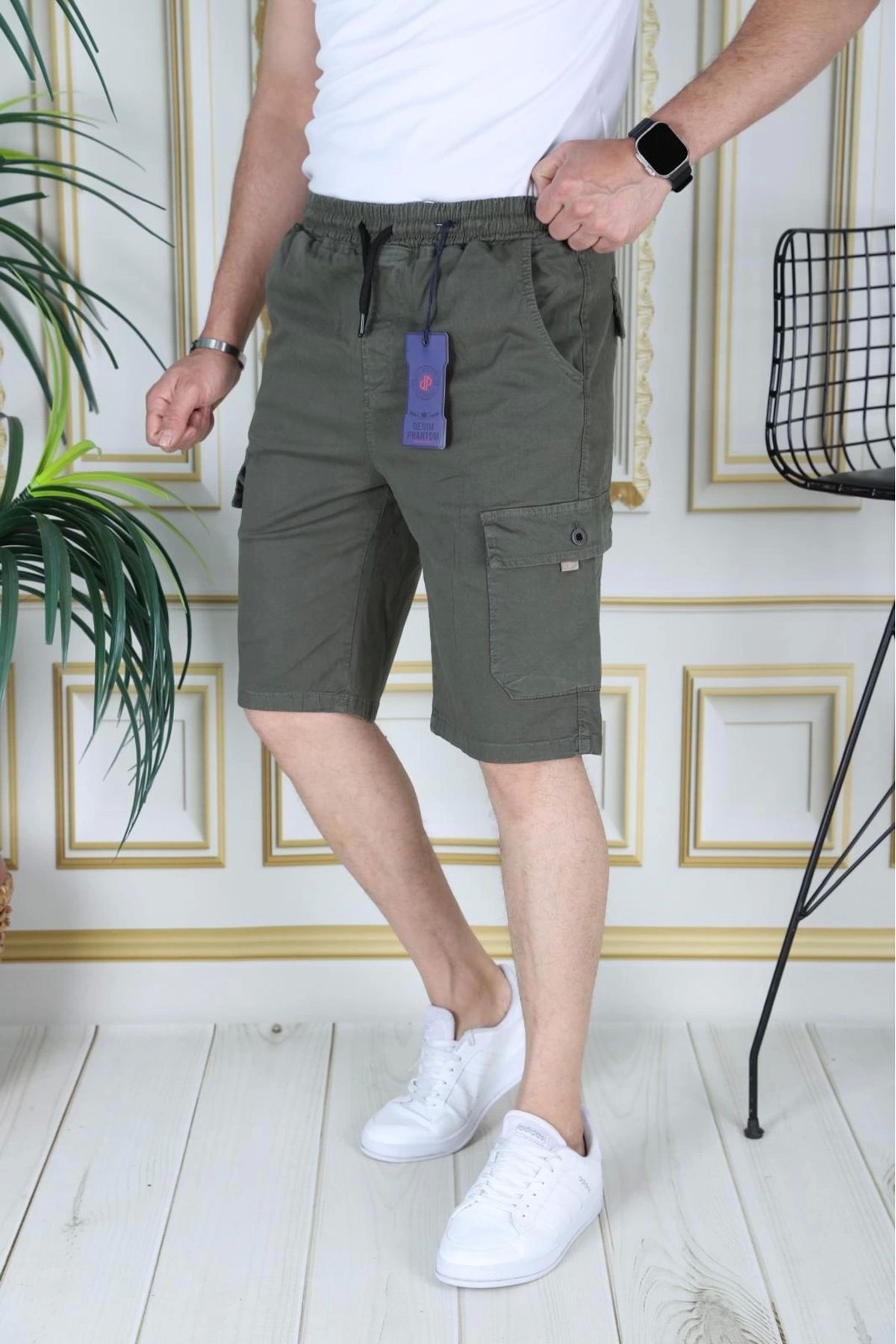 PHANTOM JEANS Erkek Haki Likralı Gabardin Şort Kargo Cepli Pamuklu Beli Lastikli Bağcıklı Basic Şort