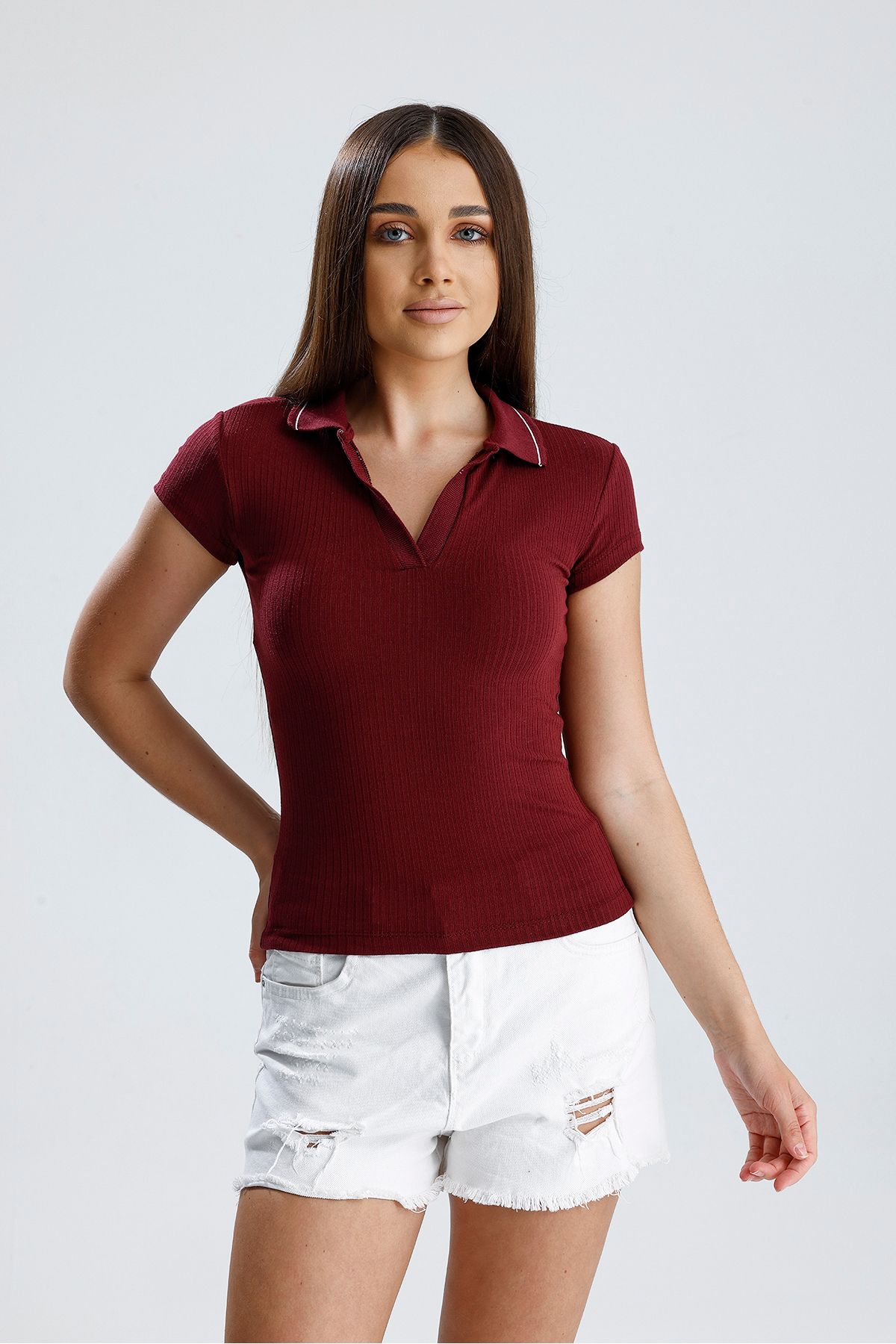 let s shine Kadın Polo Yaka Örme T shirt