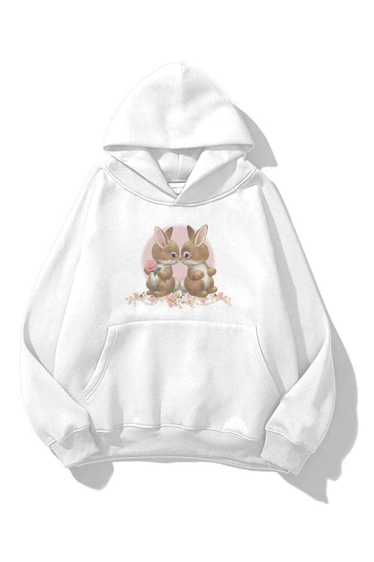 Boi Unisex Two Rabbit with Flower Sweatshirt Beyaz