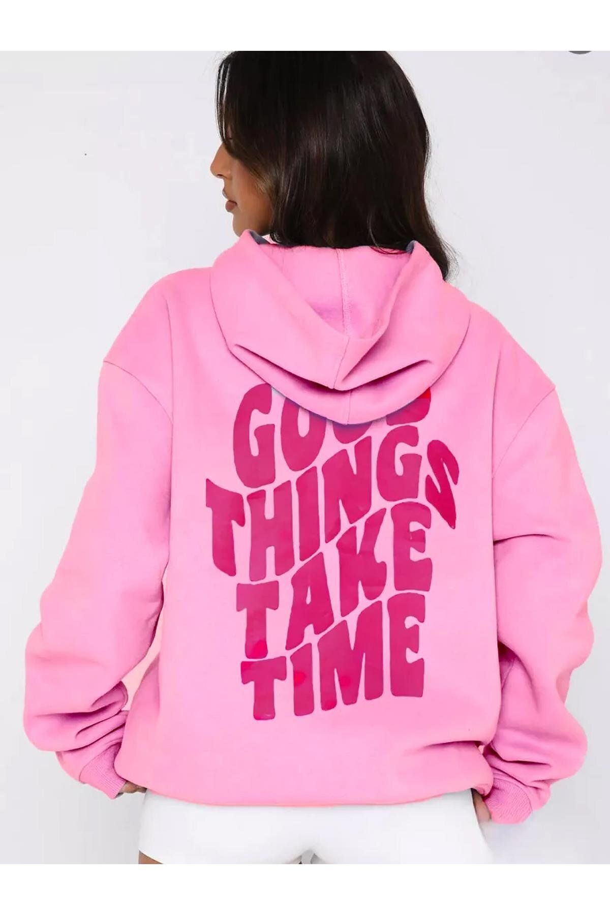 Boi Unisex Good Things Take Time Sweatshirt Pembe