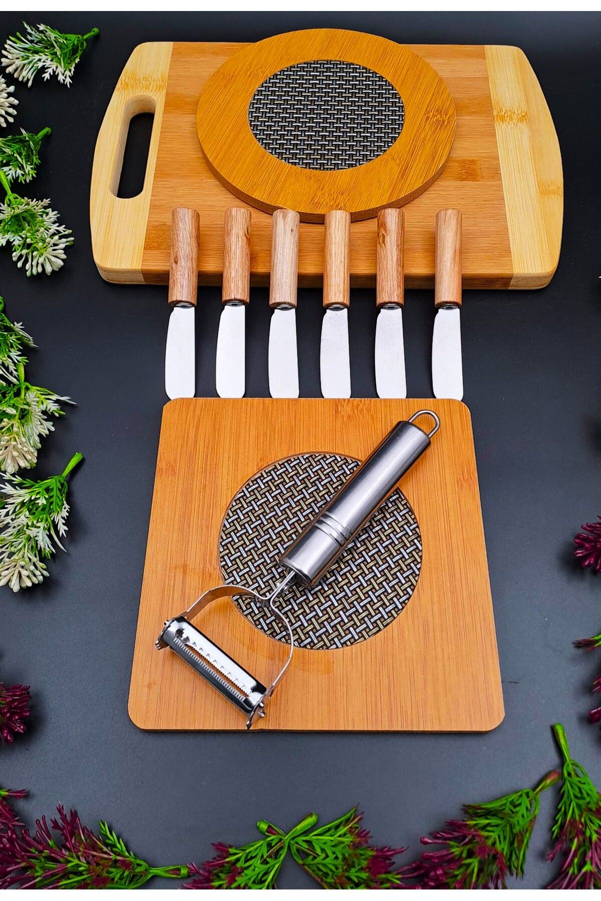 SWENCRAFT WEST HOME LÜX 10 Parça Set Tereyağı, Reçel, Çikolata Bıçağı Bambu Kesme Tahtası Jülyen ve Nihale