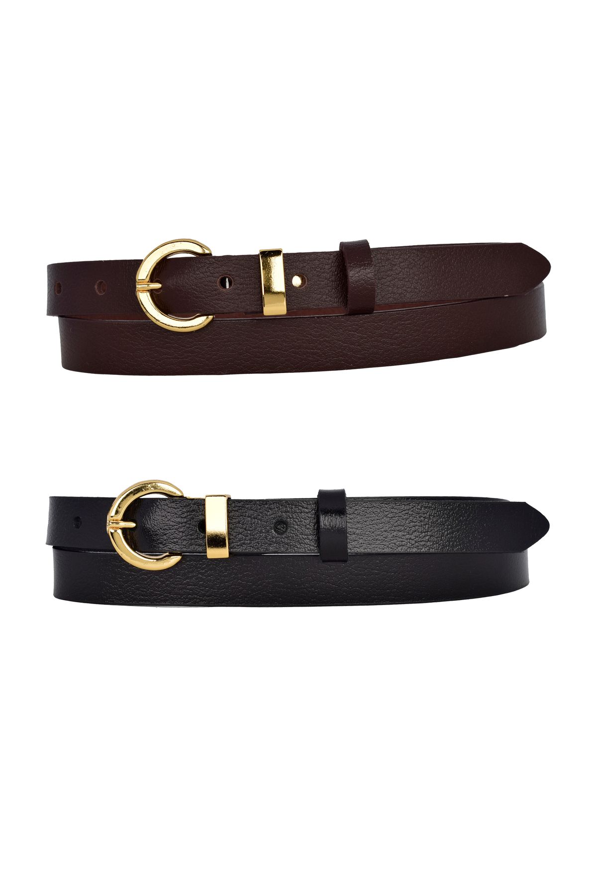 GoDeri-100% Genuine Leather Set of 2 Gold Color Set Buckle 2cm Women's Belt Dark Brown, Black_ Lock_Gold 2