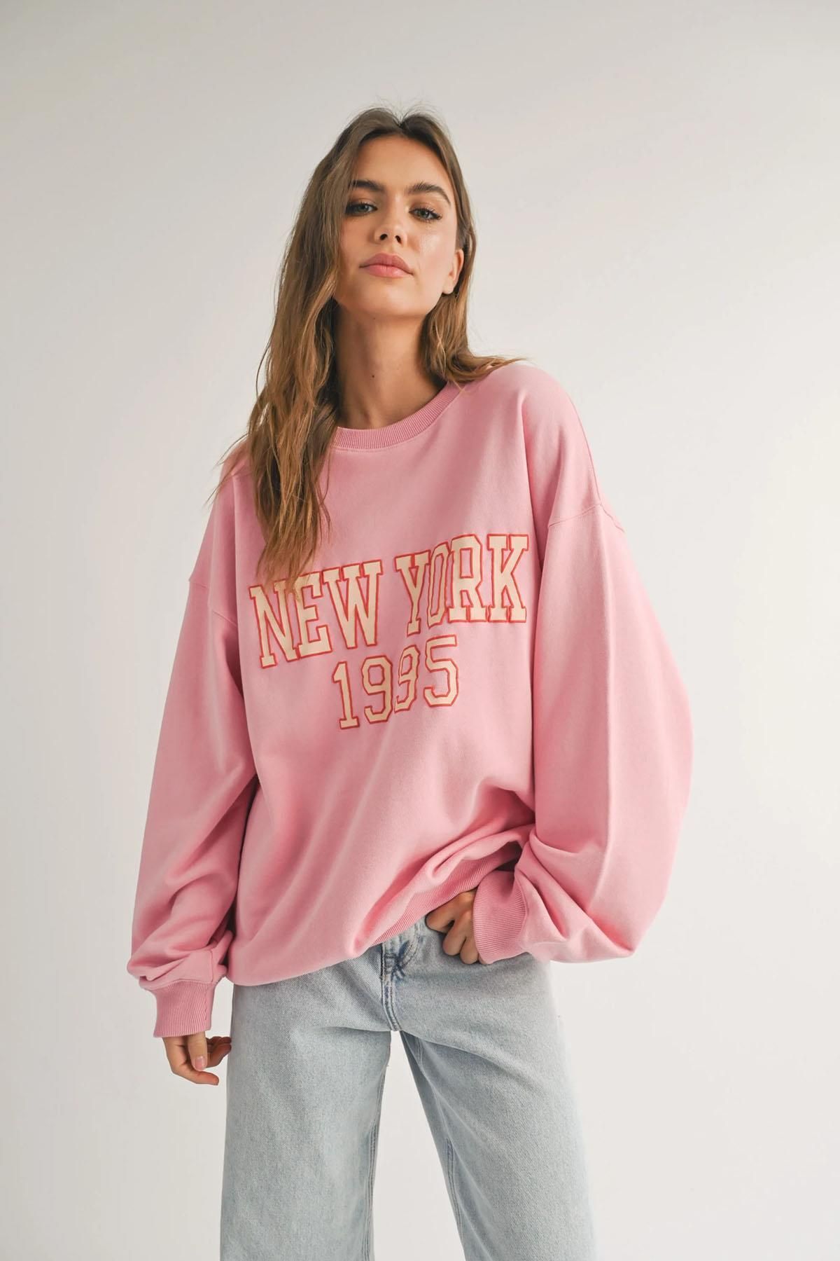 Boi Unisex New York 1995 Bisiklet Yaka Sweatshirt Pembe