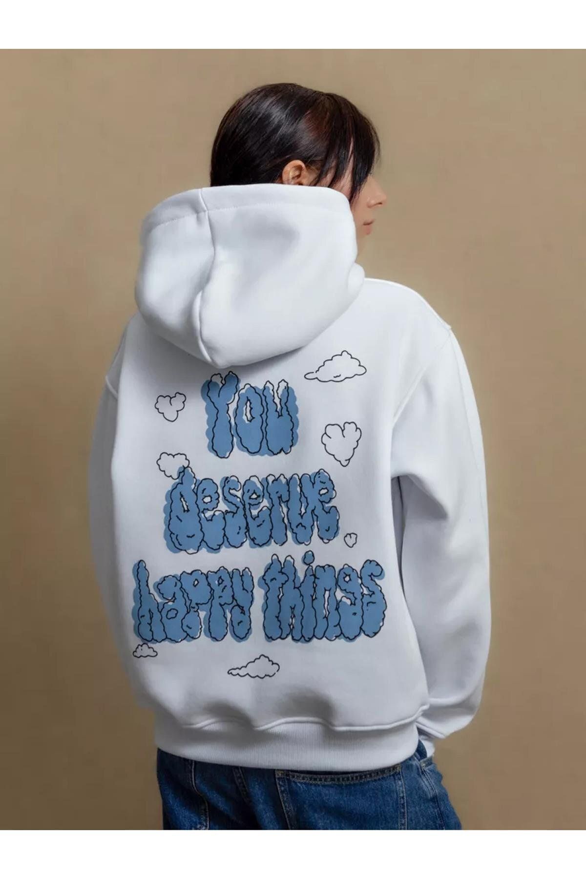 Boi Unisex You Deserve Happy Things Sweatshirt Beyaz