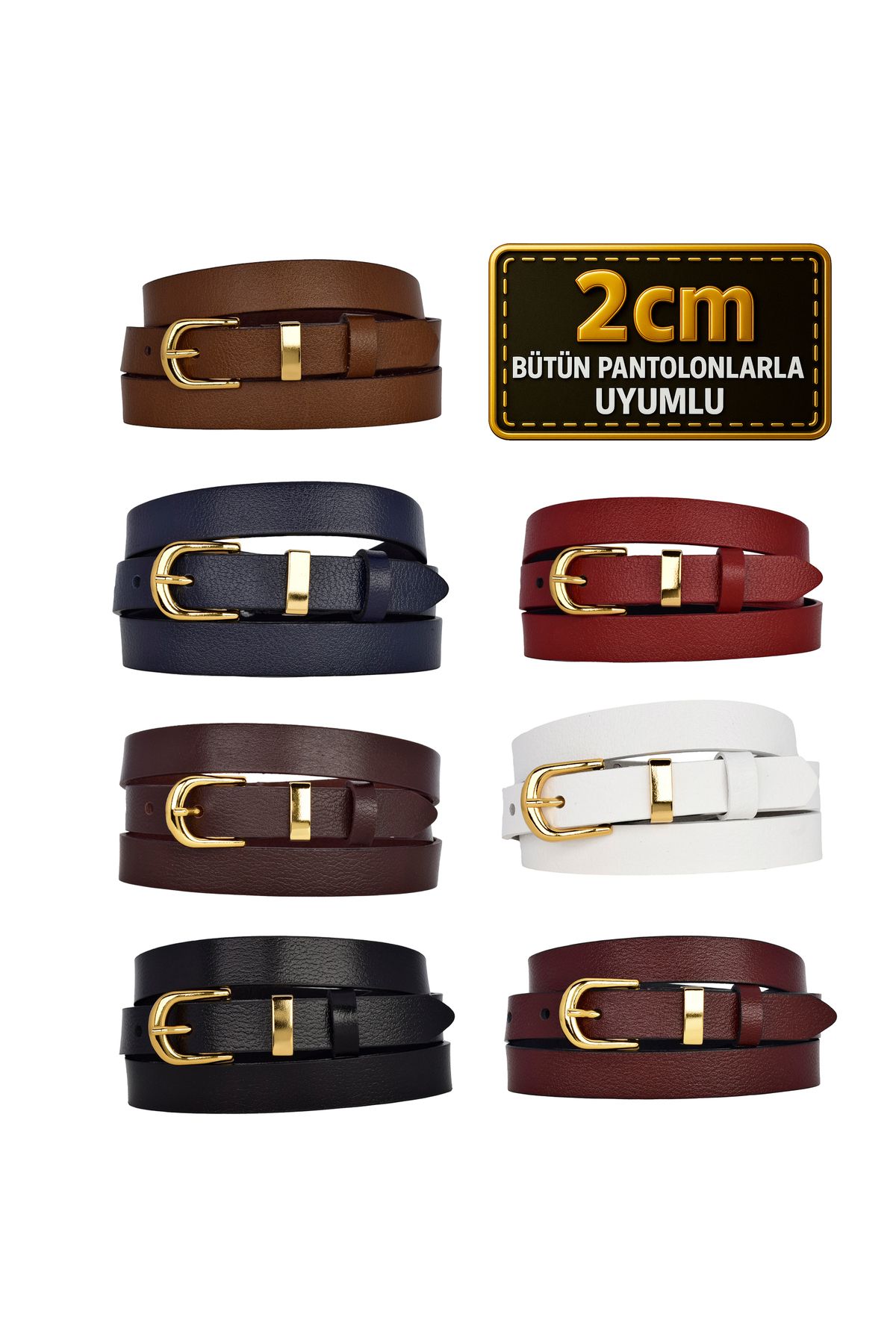 GoDeri %100 Hakiki Deri 7'li Süper Set Gold Renk Takım Tokalı 2 cm Kadın Kemeri, Bütün Kıyafetlerle Uyumlu