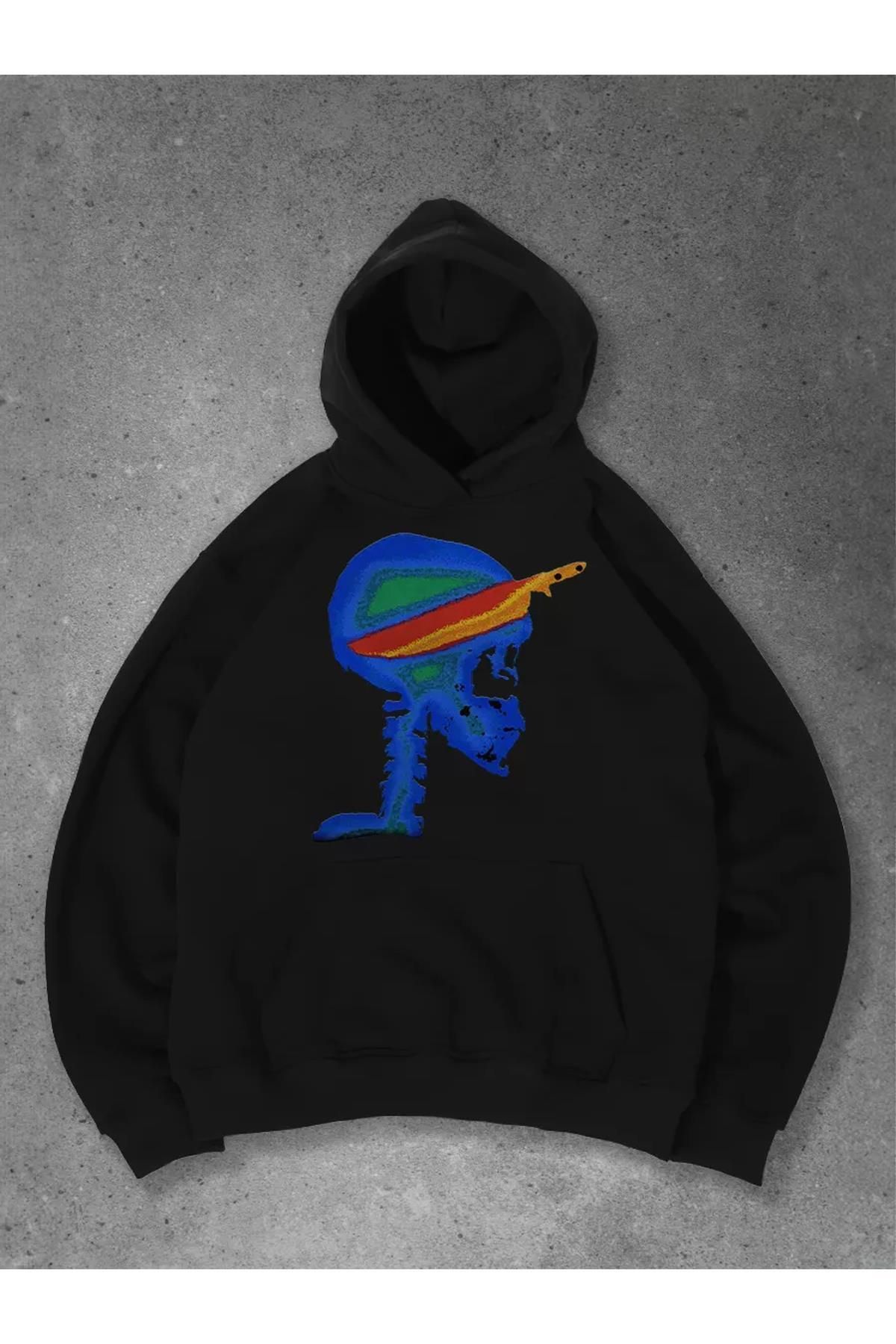 Boi Unisex Knife in Skull Sweatshirt Siyah