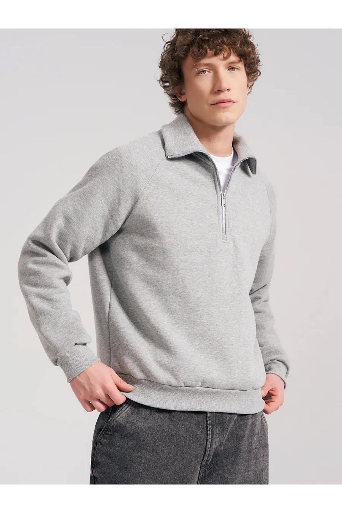 Boi Unisex Relaxed Fit Yarım Fermuarlı Dik Yaka Sweatshirt Gri melanj 2052