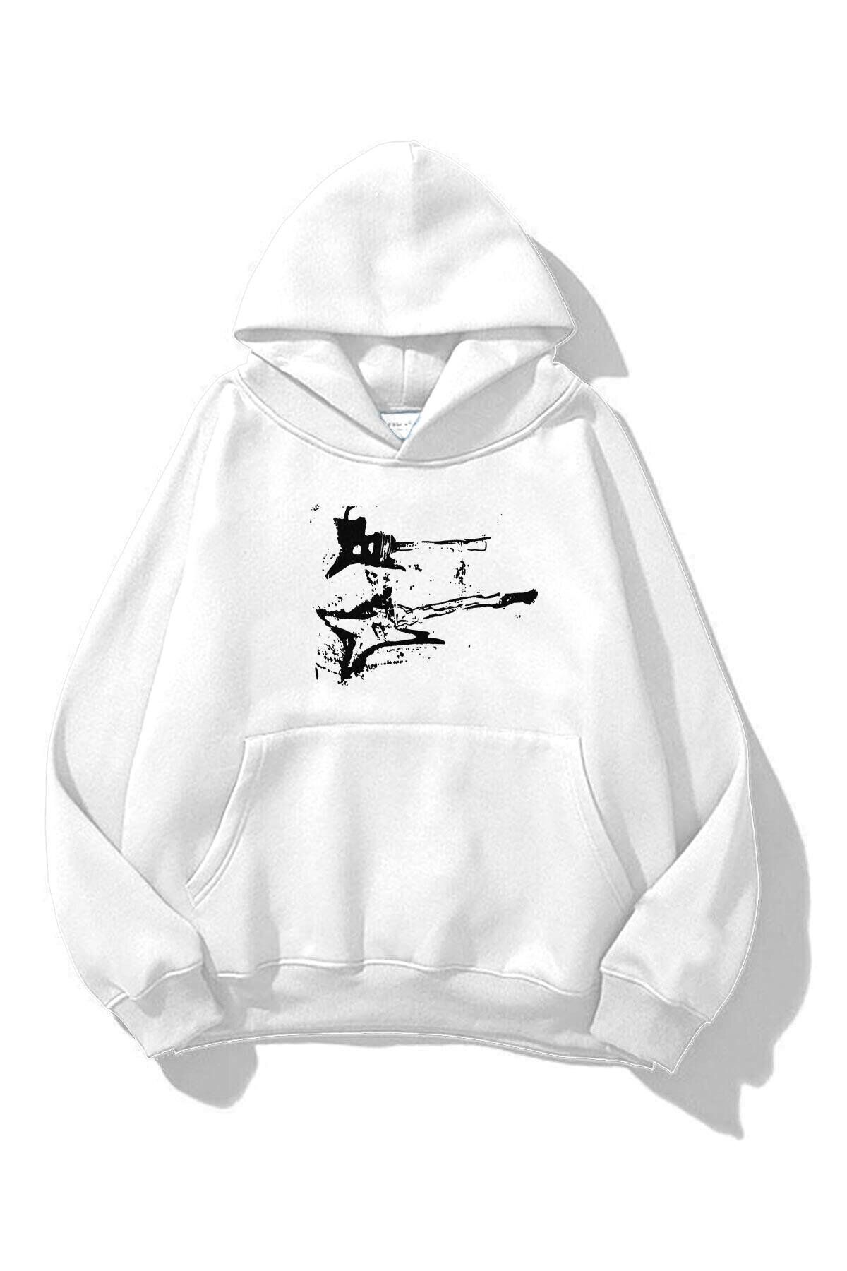 Boi Unisex Punk Gitar Sweatshirt Beyaz