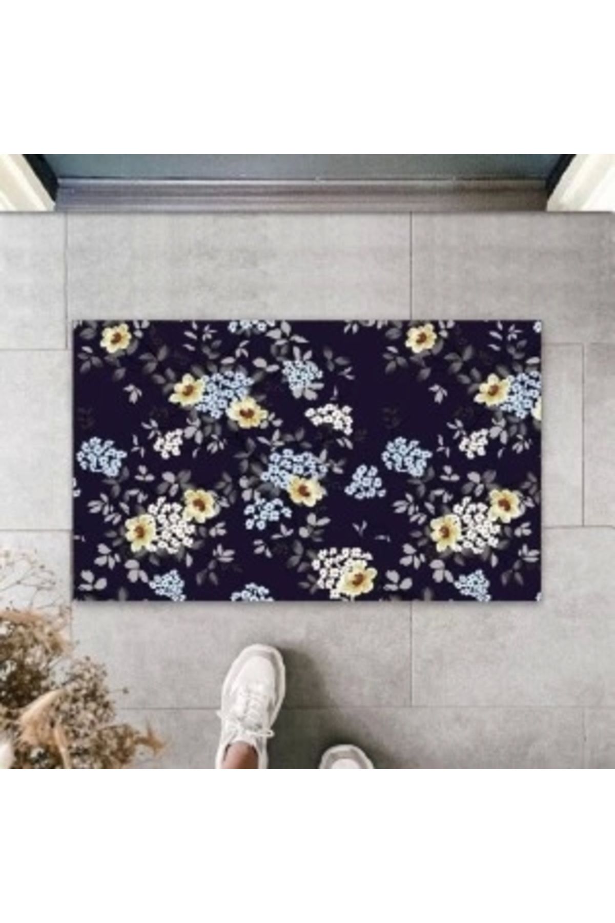 STOREMAX Lacivert Kapı Önü Paspası Minik Çiçekler Desen K-3249