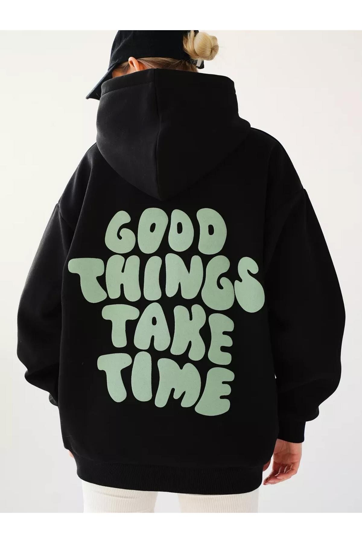 Boi Unisex Good Things Take Time Sweatshirt Siyah