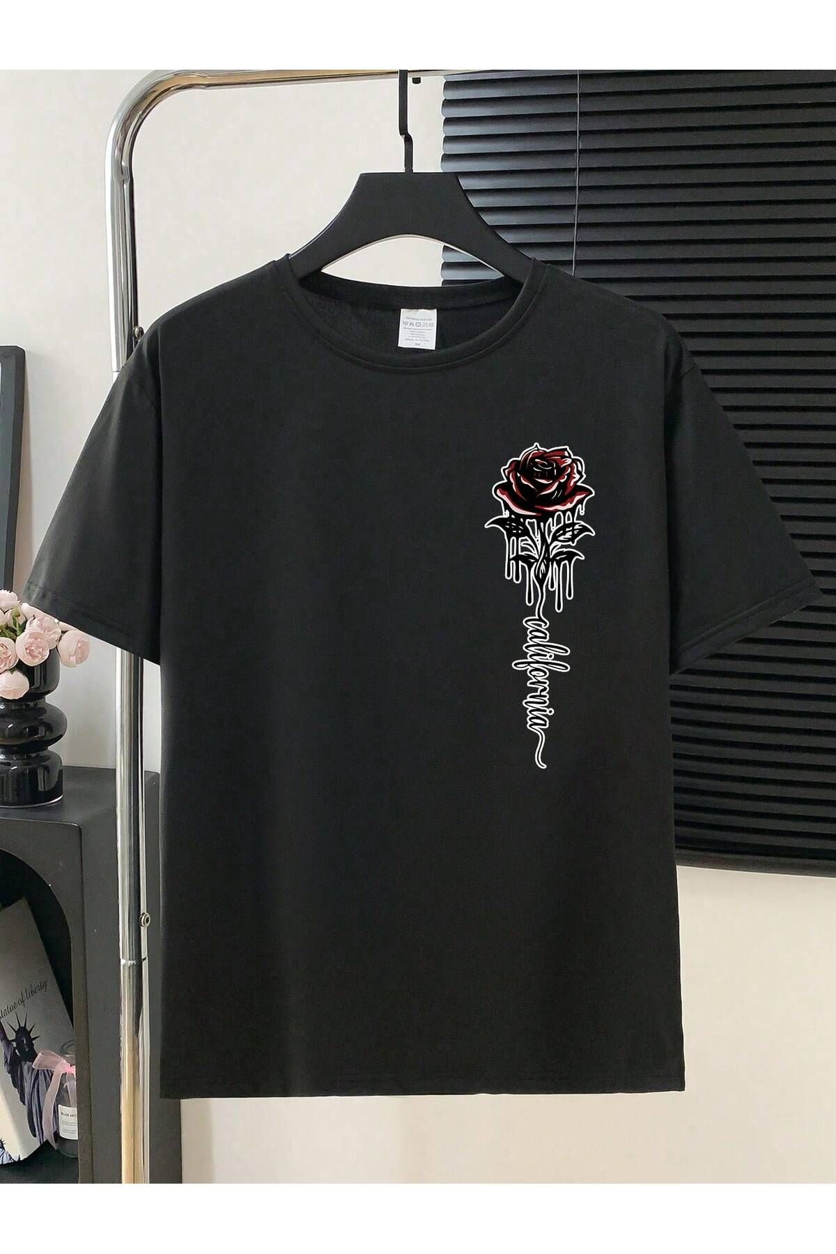 Velostra Unisex Gül Baskılı Penye Oversize T-shirt