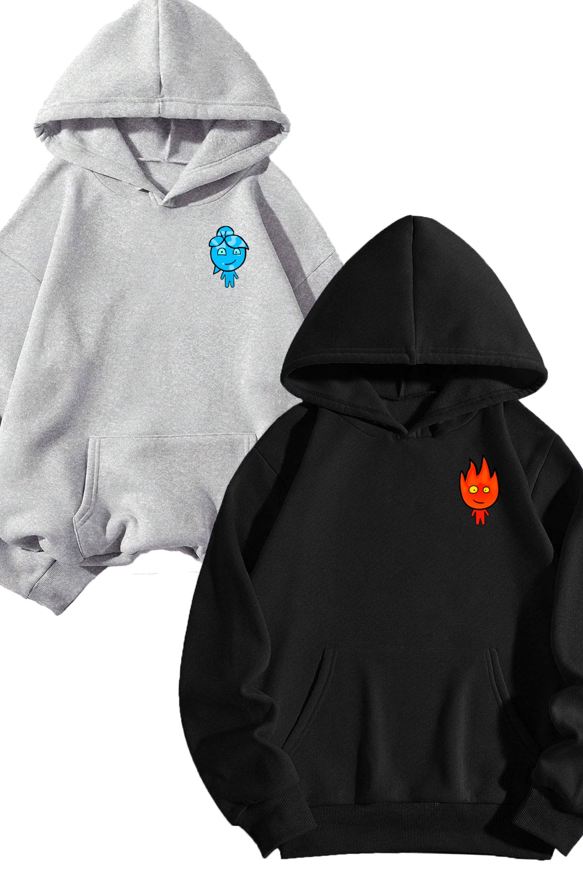 Boi 2'Li Ateş Ve Su Sweatshirt - Gri Siyah Baskılı Oversize Sweatshirt Kapüşonlu