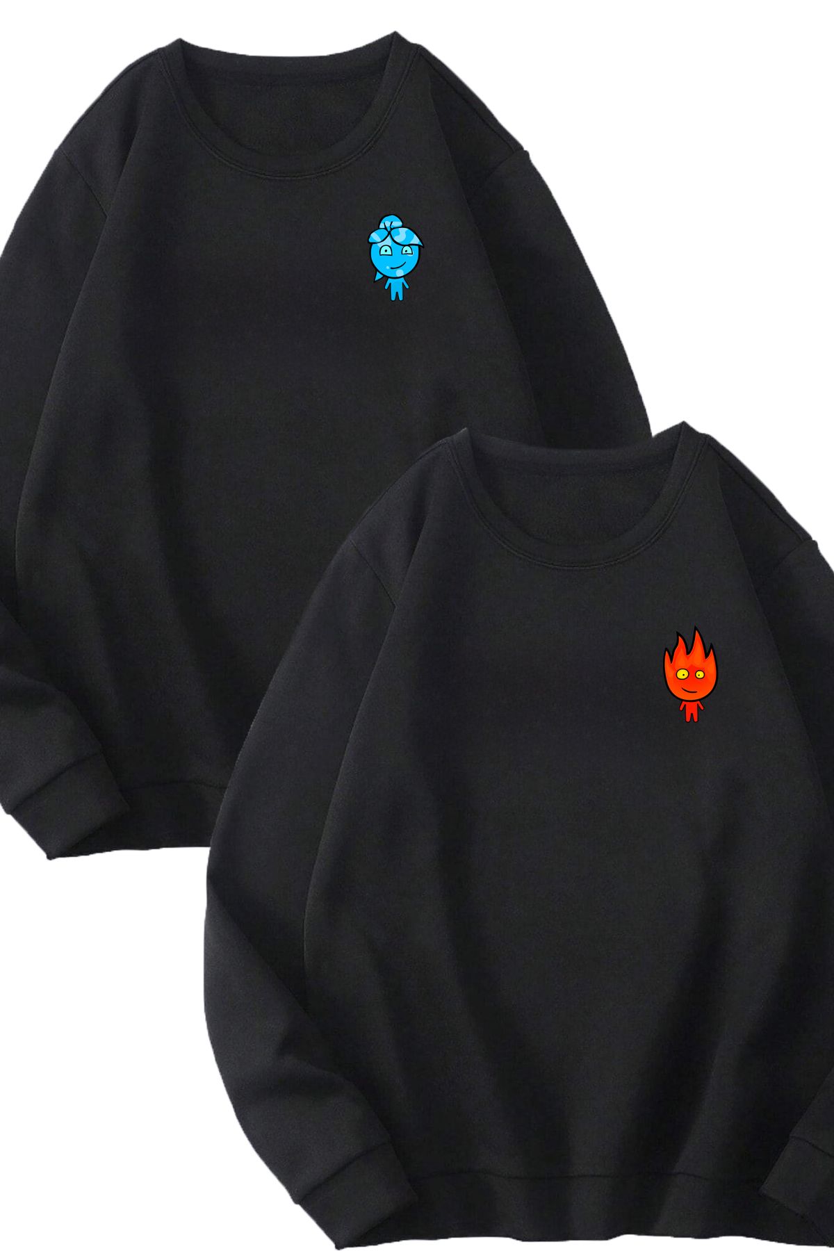 Boi 2'Li Ateş Ve Su Sweatshirt - Siyah Baskılı Oversize Sweatshirt Bisiklet Yaka