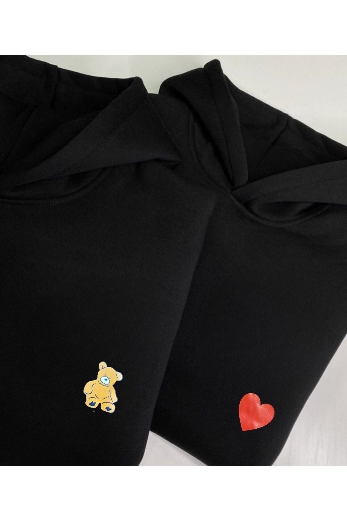 Boi Ayıcık Kalp Sevgili Çift Kombin - Siyah Baskılı Oversize Kapüşonlu Sweatshirt