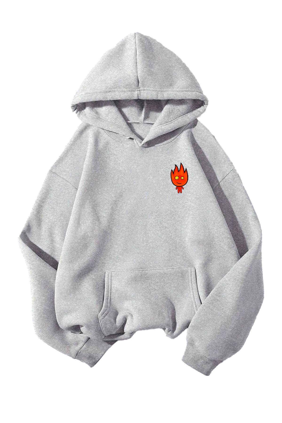 Boi Ateş Sweatshirt - Gri Baskılı Oversize Sweatshirt Kapüşonlu