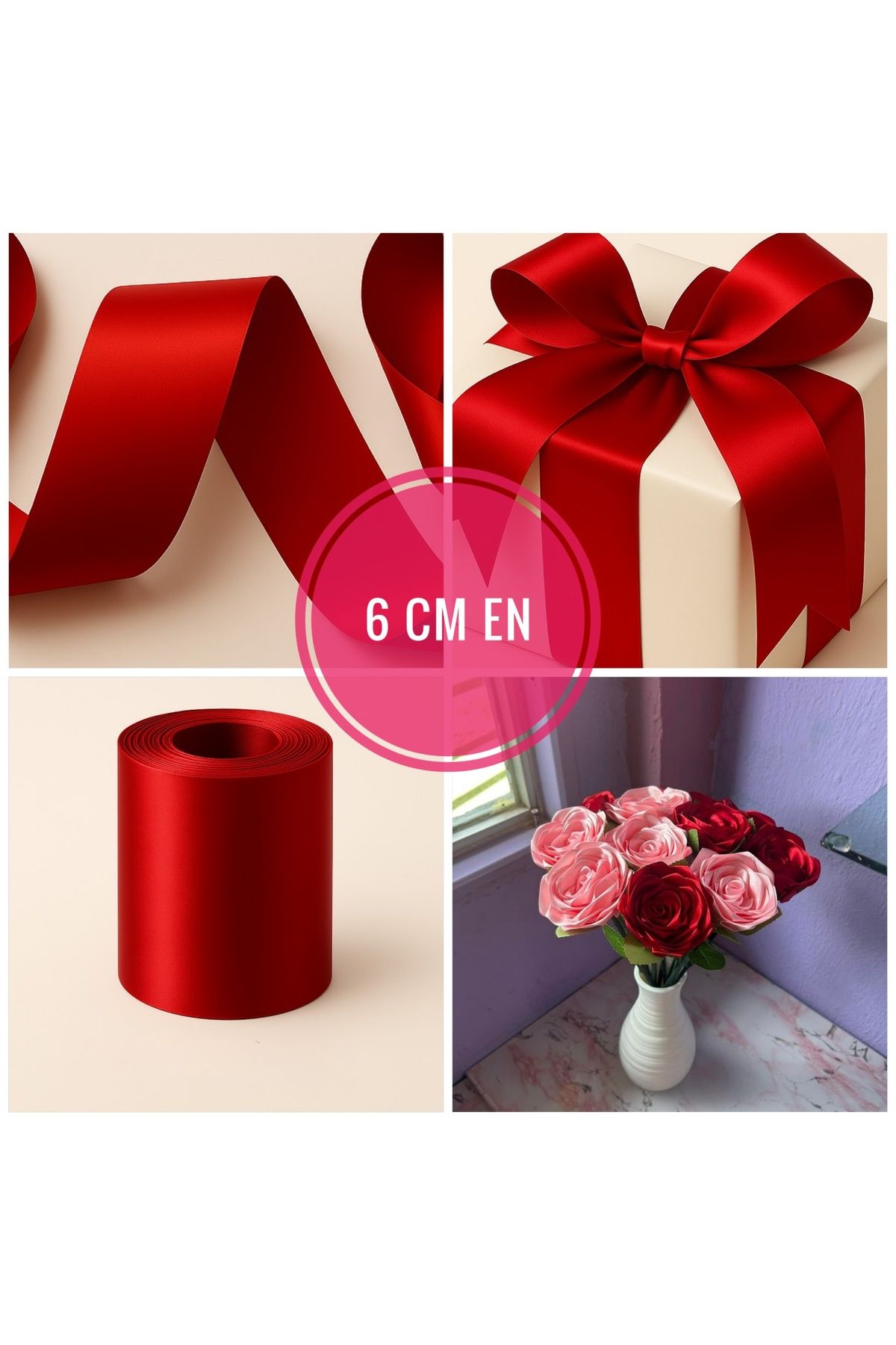 Idealtoka Kırmızı saten kurdele 6 cm en 2 metre uzunluk