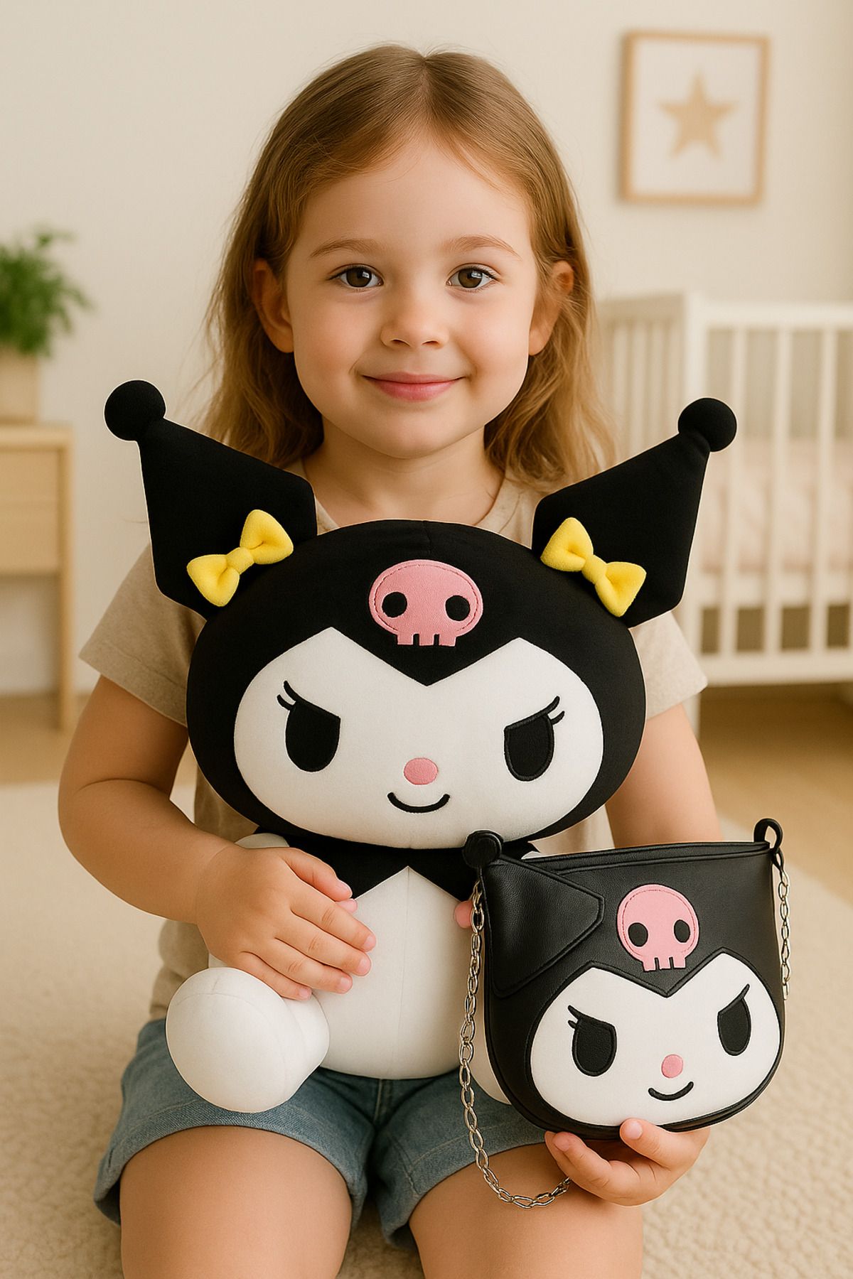 Polly toys Kuromi peluş ikili set çantayla beraber geliyor