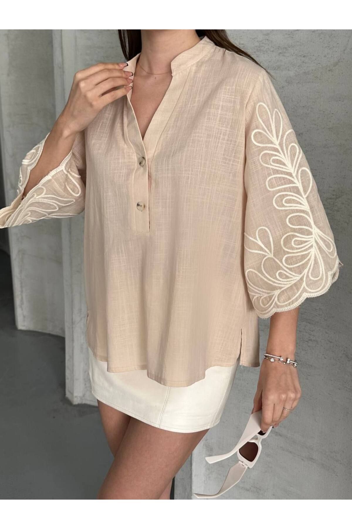 Modriq Keten Nakışlı Oversize Gömlek Bluz Rahat Yazlık