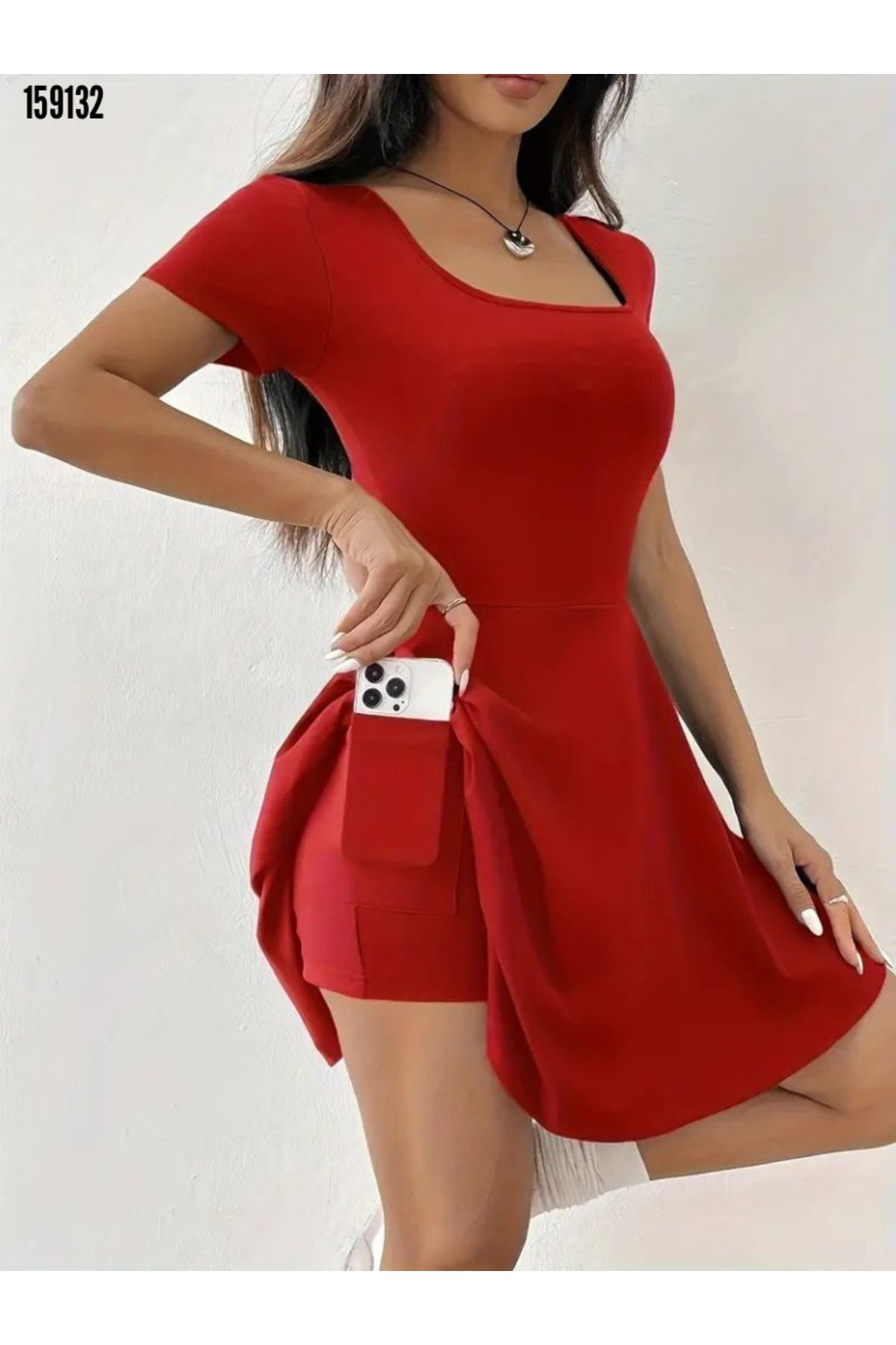 BZ Boutique Kısa Kollu Kare Yaka Şortlu Cepli Büyük Beden Dalgıç Elbise 159361