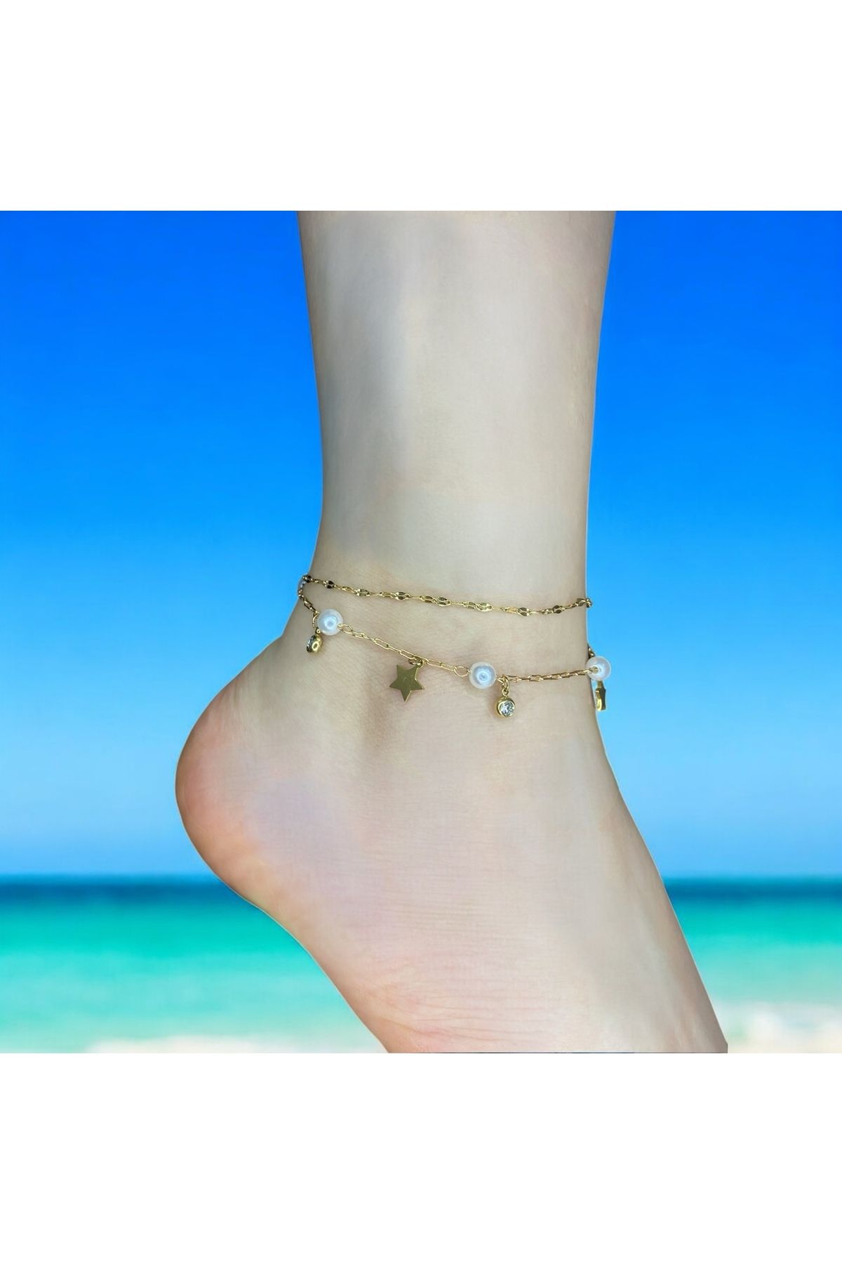 HNG JEWELRY Çelik Gold Renk İnci Yıldız Halhal