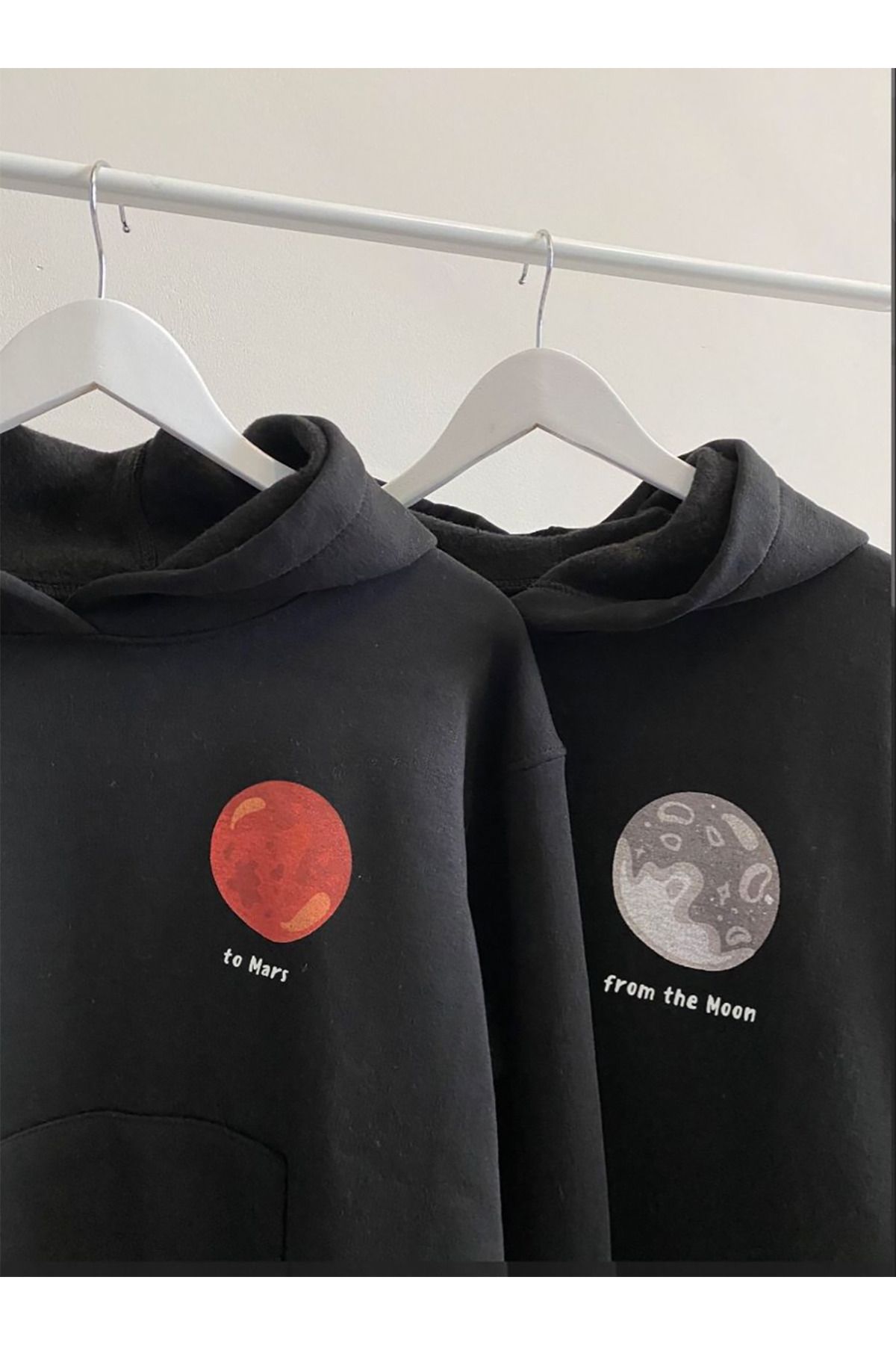 Boi Mars To Moon Sevgili Çift Kombin Sweatshirt - Siyah Baskılı Oversize Kapüşonlu