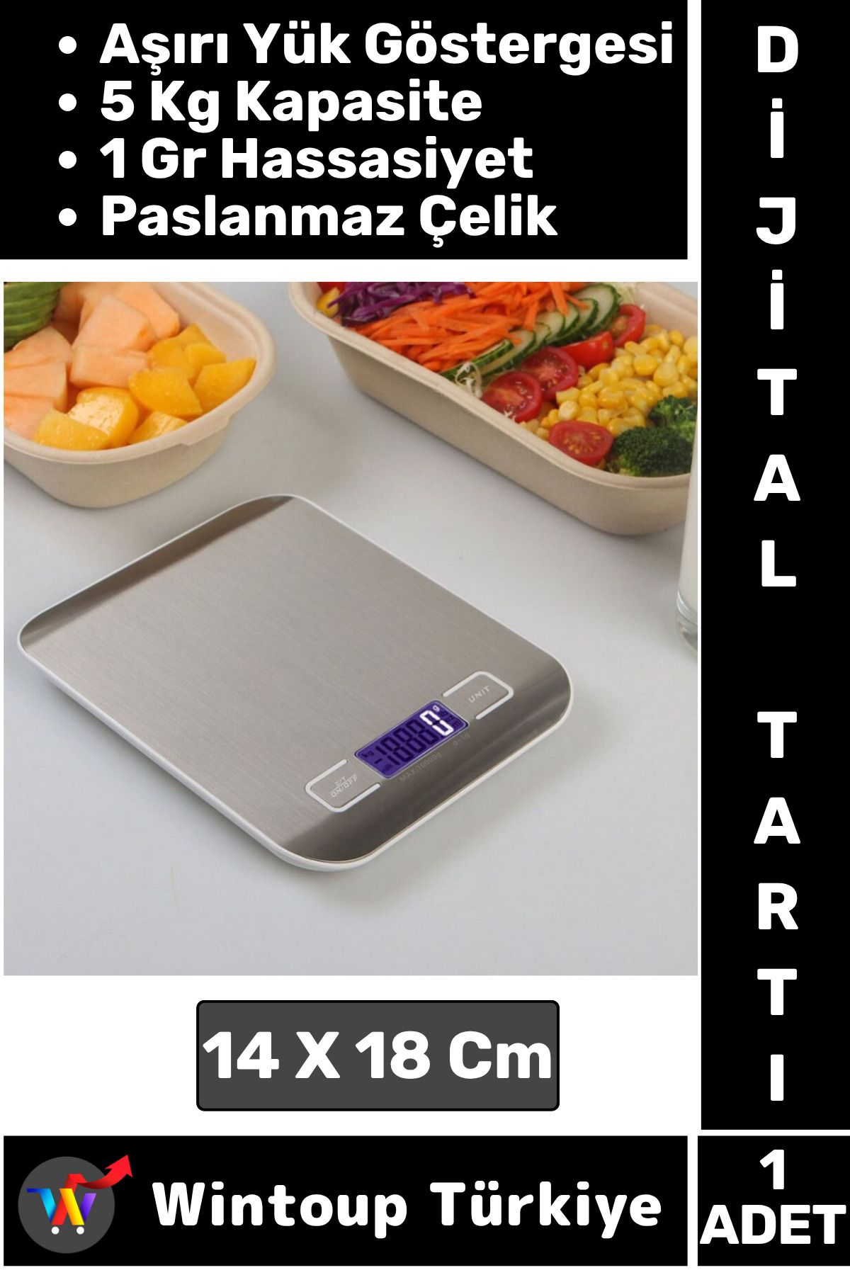 Wintoup Premium 5 Kg Kapasiteli 1 Gr Hassasiyet Dijital Ekran Paslanmaz Çelik Hassas Mutfak Tartısı Terazi